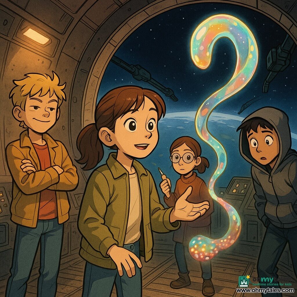 A 12-year-old girl, Mina, with large bright eyes and a calm, amazed expression, chestnut ponytail, wearing a khaki jacket and jeans, reaches out palm open toward a floating translucent alien; a 12-year-old boy, Jax, with tousled dark-blond hair and a confident smile, arms crossed, stands slightly behind to the left watching; a 12-year-old girl, Lottie, with round glasses and tied brown hair, holds a small glowing metal pen near a control panel to Mina’s right; a 12-year-old boy, Ravi, in a gray hoodie with hands in his pockets, leans forward slightly behind Mina, half-worried, half-fascinated. The alien, called No Sound, is a floating iridescent glasslike ribbon ending in a cluster of color-changing light points, facing Mina at short range with no visible mouth or eyes but a gentle presence. The setting is the Silent Dock, a large curved metal chamber with a panoramic porthole showing Earth’s curvature, dark docking arms, warm diffuse lighting, scattered console lights, and scratched metal-plated floor. The scene: a silent warm first contact — Mina and the creature greet each other palm to ribbon in a peaceful, respectful atmosphere with warm light and iridescent reflections, framed wide to include the space window in the background.