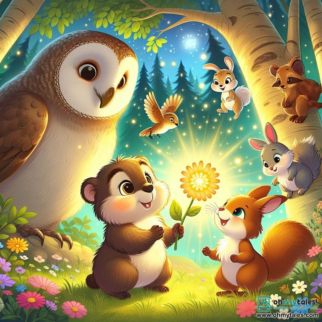 A small groundhog named Molly, with soft brown fur and sparkling curious eyes, stands at the center of the image, smiling in wonder at a bright flower glowing with a gentle golden light. To her right, a wise owl named Benny, with gray feathers and round glasses, perches on a branch, observing the scene kindly. On the left, Clara, a joyful rabbit with large ears and white fur, jumps for joy, while Leo, a squirrel with reddish fur and a bushy tail, climbs a rock, ready to explore. The setting is an enchanted forest, with majestic trees and vibrant green leaves, sunlight filtering through the branches, and colorful flowers scattered on the ground. In the background, a friendly brown bear stands near the flower, smiling and welcoming. The main scene shows the friends gathered around the magical flower, sharing laughter and stories, illustrating the importance of friendship and sharing in a fairy-tale and warm setting.