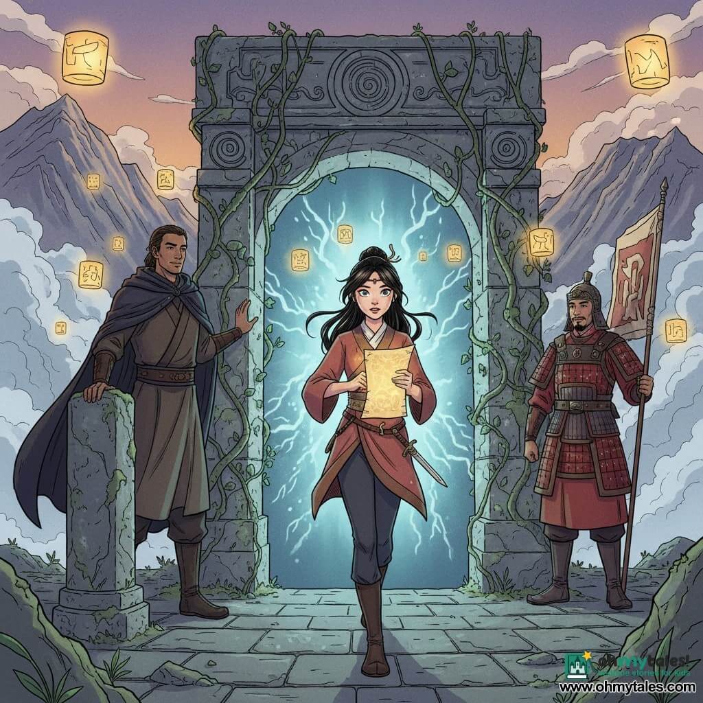 Mei Ling, a young woman with an oval face and long black hair in a loose bun with a few strands free, bright curious eyes and a determined, awed expression, stands center-stage about to step through a shimmering golden ancient scroll in one hand and a decorative dagger at her waist; Jin, a tall ~30-year-old man in a dark hooded coat with a calm, protective gaze, stands slightly behind her left with a reassuring hand on a stone, while a ~45-year-old general in red-and-black lacquered traditional Chinese armor and an ornate helmet stands to the right background holding a banner and watching as if awaiting a signal; they are in a secret valley between misty mountains before a massive stone arch veiled in glowing vines and spiral carvings, on old paved slabs with floating lantern-like magical lights and a purple-and-gold twilight sky, capturing the dramatic, mysterious yet heroic moment as Mei Ling prepares to enter a cold-glowing temporal portal, the warm lantern light contrasting with the portal’s chill and the characters arranged in a triangular composition.