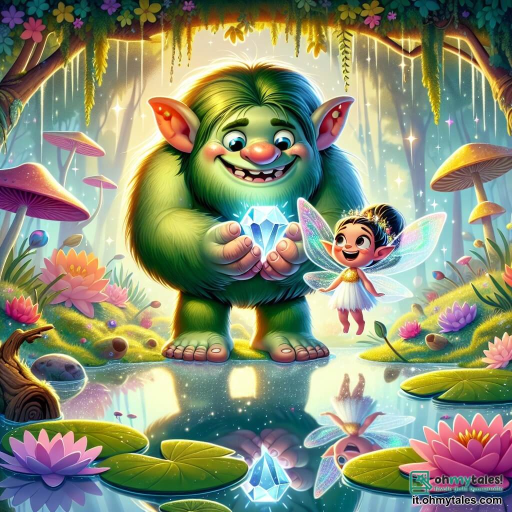Un troll di nome Tillo, grande e verde, con un sorriso caloroso e occhi rotondi e brillanti, si trova al centro della scena, tenendo una bella gemma scintillante tra le sue grandi mani. Accanto a lui, una piccola fata di nome Lilla, con ali trasparenti e capelli dorati, fluttua gioiosamente, i suoi occhi brillano di felicità. Il pantano magico li circonda, con acque scintillanti, ninfee colorate e fiori giganti dai petali vivaci. Una leggera nebbia danza attorno a loro, creando un'atmosfera incantata. In questa scena, Tillo e Lilla celebrano la scoperta della gemma magica, illuminando il pantano con la loro gioia e amicizia.