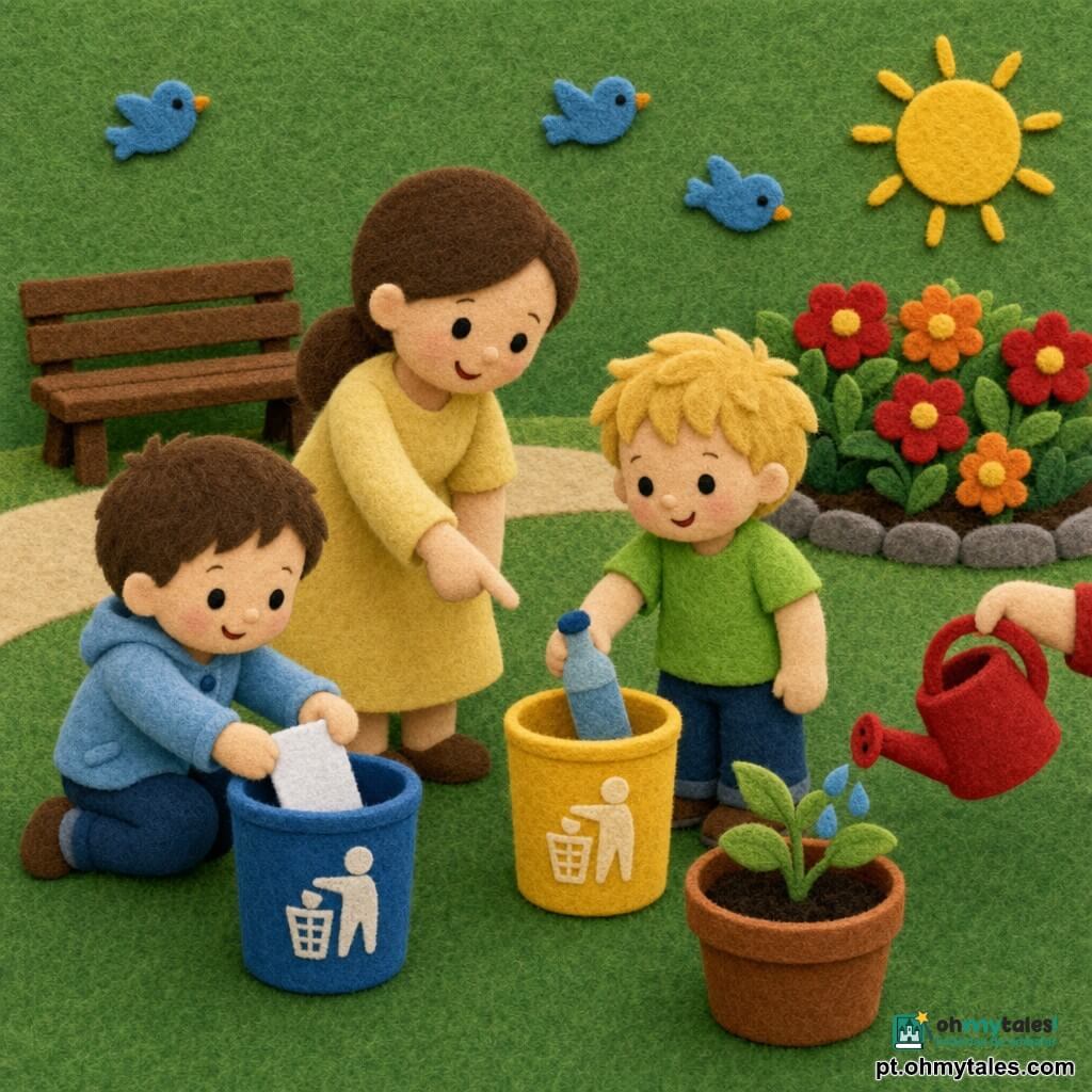 Três personagens: Tomás (~2 anos), cabelo castanho curto, agachado à esquerda a colocar uma folha branca de feltro na lixeira azul; Léo (~2 anos), cabelo loiro despenteado, em pé à direita a depositar uma garrafinha de feltro na lixeira amarela; a mãe (~30 anos), cabelos presos, vestido amarelo claro, atrás deles a apontar a lixeira e sorrir; local: pequeno jardim de parque em feltro com relva verde texturada, banco castanho, caminho bege, canteiro de flores vermelhas e laranja, sol amarelo e alguns passarinhos estilizados; situação: crianças a separar resíduos (azul para papel, amarelo para plástico) enquanto a mãe ensina, ao lado uma planta em vaso a ser regada com um regador vermelho, terra escura e húmida; cores vivas, formas arredondadas, texturas de feltro visíveis, composição simples e centrada para uma criança de 2 anos.