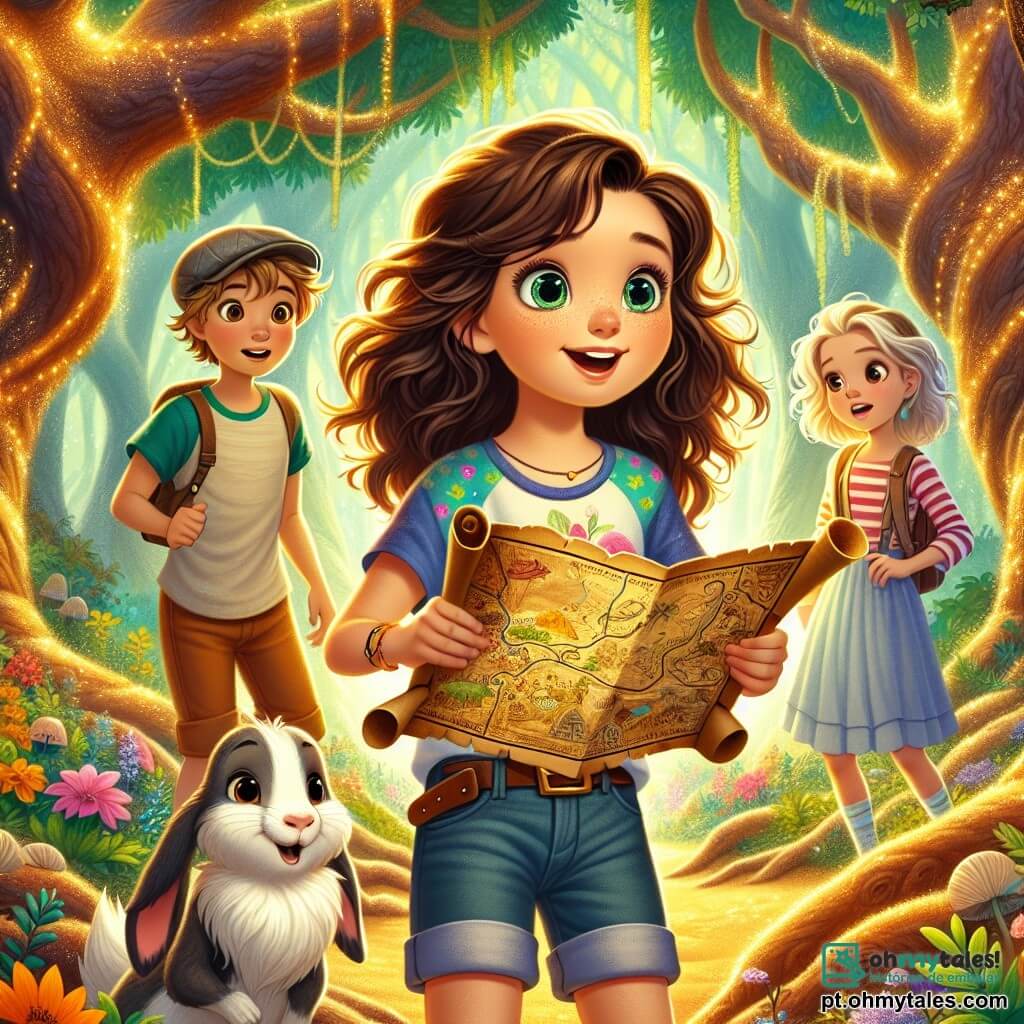 Uma menina de 12 anos, Clara, está no centro da imagem, com grandes olhos brilhantes de curiosidade e cabelos castanhos cacheados caindo sobre os ombros. Ela usa uma camiseta colorida e um short, sorrindo entusiasticamente enquanto segura um velho mapa do tesouro. Ao seu lado, Lucas, um garoto de 11 anos com cabelos loiros bagunçados e um boné, observa o mapa com admiração, os olhos brilhando de excitação. Um pouco atrás, Sofia, uma menina de 11 anos com cabelos longos e lisos, vestida com um vestido leve, observa a cena com um misto de admiração e apreensão, com as mãos na cintura. O cenário é uma floresta mágica, com árvores gigantes de troncos retorcidos e folhas cintilantes, iluminadas por uma luz dourada que filtra entre os galhos. Flores coloridas e criaturas fantásticas, como um porquinho-da-índia que fala e uma coruja sábia, adicionam um toque de magia ao ambiente. A situação principal mostra Clara e seus amigos descobrindo um velho baú escondido atrás de um arbusto espesso, com os rostos iluminados pela descoberta, prontos para abrir o tesouro e começar sua grande aventura.