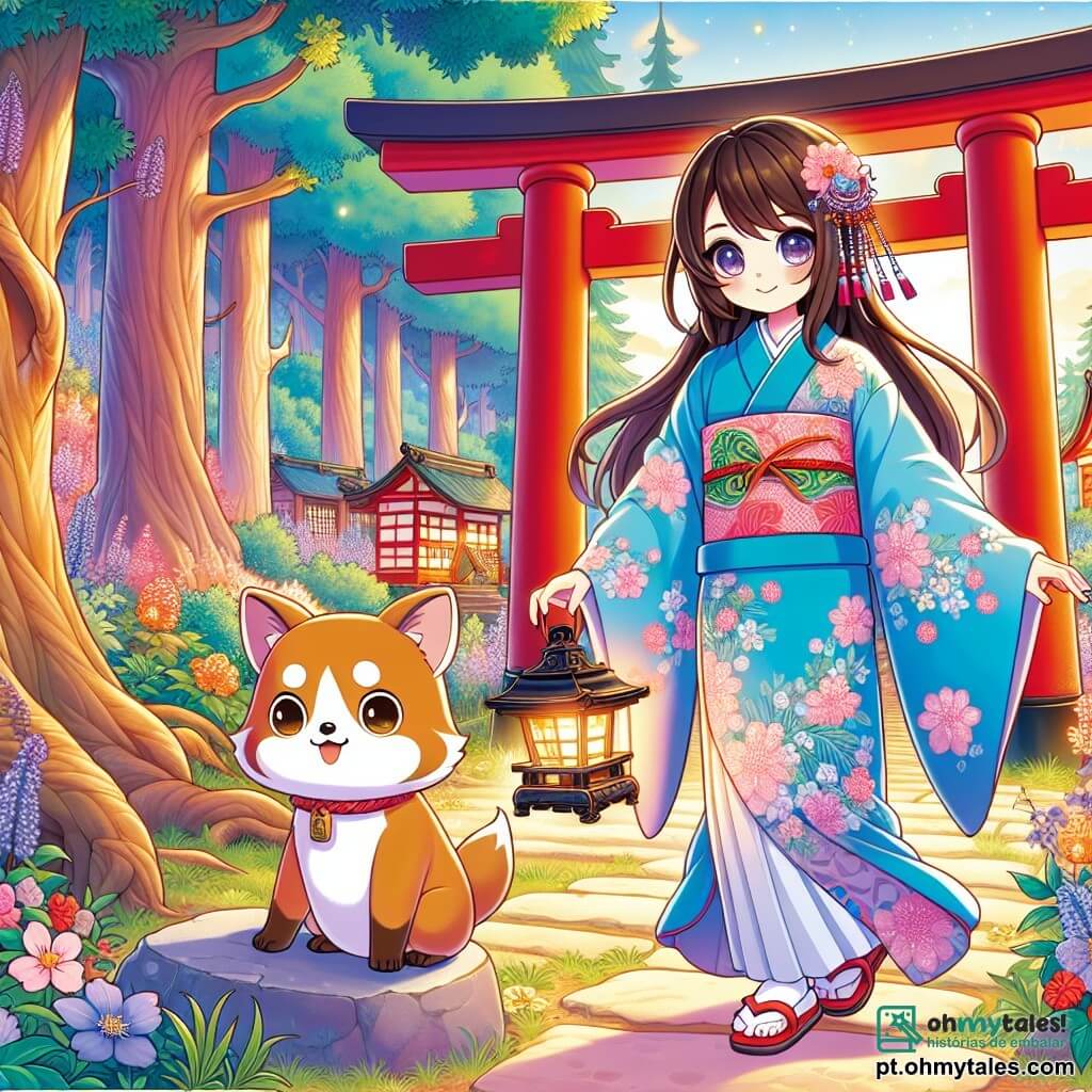 Akiko, uma jovem com longos cabelos negros como tinta, usa um quimono azul decorado com flores de cerejeira. Seu rosto expressa uma determinação suave, com olhos brilhantes de curiosidade. Ela está diante de um grande torii vermelho, pronta para entrar na floresta misteriosa. Ao seu lado, um tanuki travesso, pequeno e redondo, com pelagem marrom e olhos maliciosos, a observa com um sorriso encorajador. Ele está sentado em uma pedra, parecendo ansioso para começar a aventura. O local é uma clareira mágica, cercada por árvores majestosas com troncos retorcidos, cujas folhas brilham com uma luz dourada. Flores coloridas cobrem o chão, e um suave perfume de incenso paira no ar. A cena principal mostra Akiko, com sua lanterna de papel na mão, pronta para cruzar o torii, enquanto o tanuki indica o caminho para a floresta escura, onde sombras dançam e segredos aguardam para serem descobertos.