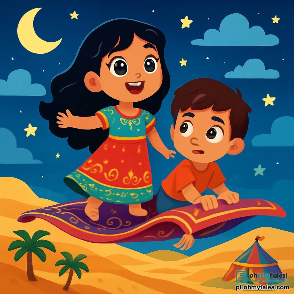 Layla, uma jovem com cabelos negros como a noite e olhos brilhantes como estrelas, está de pé em um tapete voador, com o rosto iluminado por admiração e curiosidade. Ela veste um vestido colorido adornado com padrões dourados que brilham sob a luz da lua. Ao seu lado, Karim, um garoto da mesma idade com cabelos castanhos e olhos travessos, observa ao redor com uma mistura de excitação e apreensão, segurando firmemente a borda do tapete. A cena ocorre em um céu noturno estrelado, com nuvens leves flutuando suavemente. Abaixo, um vasto deserto dourado se estende até onde a vista alcança, salpicado de dunas ondulantes e palmeiras que balançam suavemente ao vento. Layla e Karim, empoleirados em seu tapete mágico, elevam-se acima da paisagem, prontos para descobrir os mistérios de uma oásis escondido, onde uma tenda colorida aguarda para ser explorada. A atmosfera está repleta de magia e aventura, enquanto eles voam para o desconhecido, com os rostos radiantes de entusiasmo.