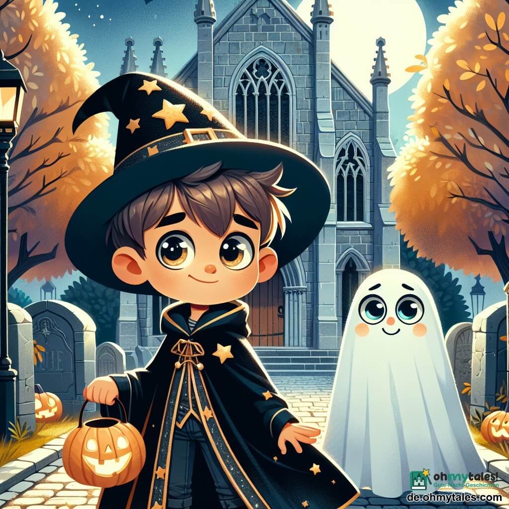 Ein 10-jähriger Junge mit hellbraunen Haaren und neugierigen Augen steht vor einer großen alten Kirche. Er trägt ein schwarzes Zauberkostüm mit einem leicht im Wind flatternden Umhang und einem spitzen Hut, der mit goldenen Sternen verziert ist. Sein Gesicht zeigt eine Mischung aus Aufregung und Besorgnis, seine Wangen sind leicht gerötet vor Adrenalin. Neben ihm beobachtet ein 9-jähriges Mädchen mit lockigem Haar und runden Brillen aufmerksam. Sie ist als Geist verkleidet, trägt ein weißes Tuch, das bis zu ihren Füßen reicht, und hält eine Laterne, die ihr lächelndes Gesicht beleuchtet. Der Ort ist eine gepflasterte Straße, gesäumt von Bäumen mit goldenen Blättern und alten Steinhäusern, die mit Spinnweben und lächelnden Kürbissen dekoriert sind. Der Mond leuchtet hoch am Himmel und wirft silbernes Licht auf die Szene. Der Junge, der eine kleine leuchtende Laterne hält, ist bereit, die Schwelle der Kirche zu überschreiten, während Schatten um ihn tanzen und eine geheimnisvolle, magische Atmosphäre schaffen.