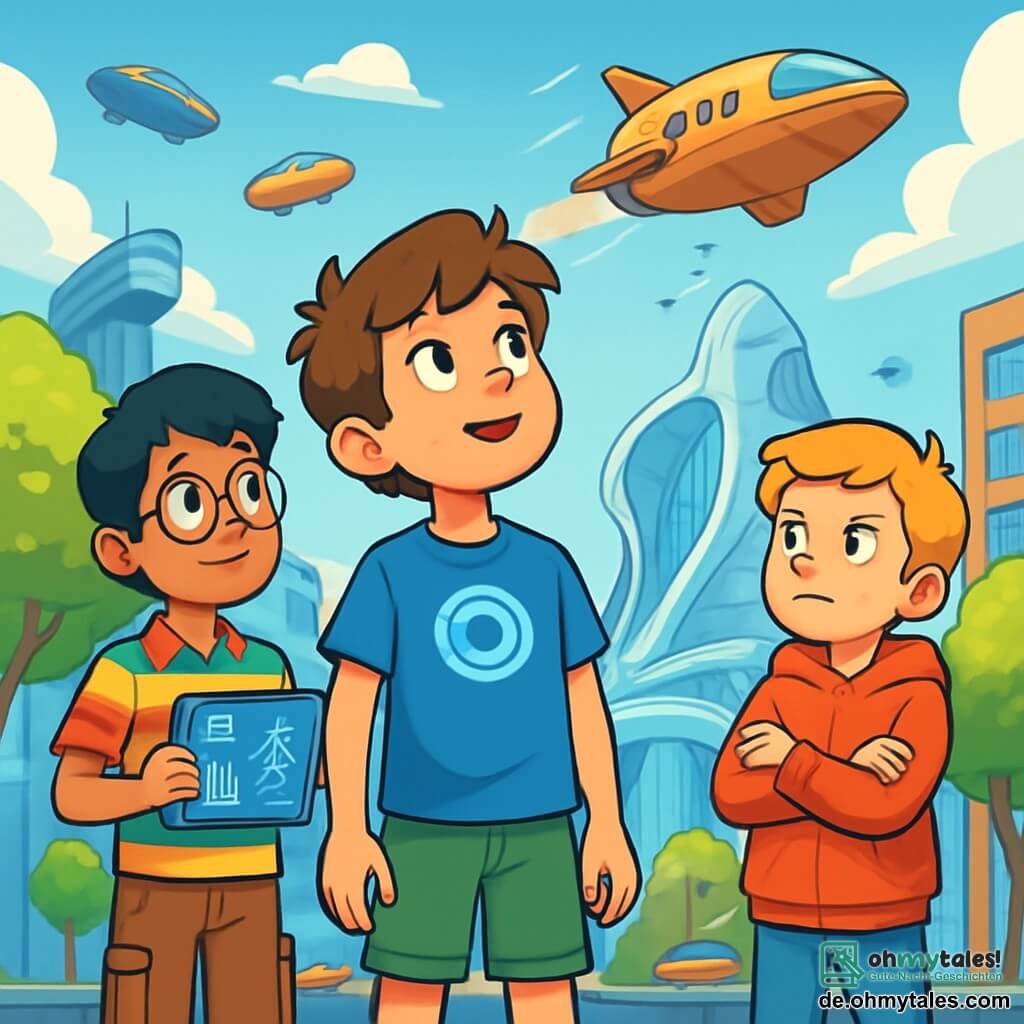 Es gibt drei Charaktere: Mika, ein 11-jähriger Junge mit unordentlichen braunen Haaren und funkelnden Augen, trägt ein blaues T-Shirt mit futuristischem Logo und grüne Shorts. Er steht in der Mitte und schaut neugierig zum Himmel. Samir, ein 11-jähriger Junge mit schwarzen Haaren und runden Brillen, trägt ein bunt gestreiftes Hemd und Cargo-Hosen. Er steht leicht links im Hintergrund und hält ein holographisches Tablet, das Informationen über die Energien der Stadt zeigt. Linus, ein 11-jähriger Junge mit blonden Haaren und Sommersprossen, trägt einen roten Kapuzenpullover und Jeans. Er steht rechts mit verschränkten Armen und einem entschlossenen Gesichtsausdruck und schaut auf das große Raumschiff, das sich entfernt. Der Ort ist das lebhafte Viertel Lumino-City, wo gläserne Gebäude unter einem hellblauen Himmel funkeln. Schwebende Fahrzeuge fahren über die Köpfe der Kinder, während leuchtende Bäume die Straßen säumen. In der Ferne erhebt sich majestätisch das Technologiezentrum, ein futuristisches Gebäude mit organischen Formen, umgeben von summenden Drohnen. Die Hauptsituation zeigt die drei Freunde, die ein fliegendes Schiff beobachten, das sich in Richtung Technologiezentrum entfernt, neugierig auf das Geheimnis der Lichter, die in ihrer Stadt ausgehen. Sie tauschen Ideen über das aus, was passieren könnte, ihre Gesichter erleuchtet von Neugier und Aufregung über das bevorstehende Abenteuer.