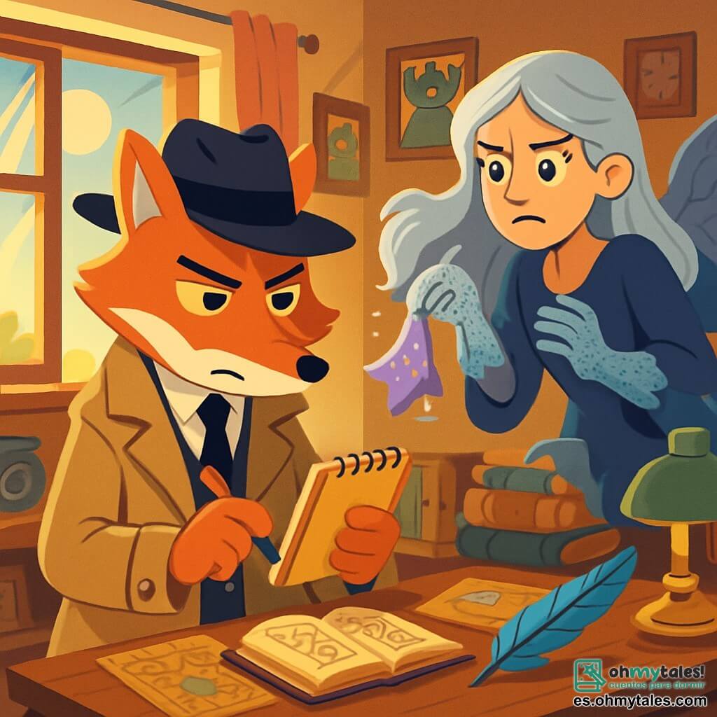 El detective Zorro, un zorro elegante con un sombrero negro y un gabán beige, está de pie en su oficina, con los ojos entrecerrados y decididos. Su pelaje rojizo brilla bajo la luz dorada del sol que entra por la ventana, mientras toma notas en un cuaderno de páginas amarillentas. A su lado, la señora Lira, una arpía de largos cabellos plateados y ojos penetrantes, flota ligeramente sobre el suelo, con sus guantes de encaje brillando. Ella parece preocupada, con el ceño fruncido, y agita un pequeño pañuelo que emite chispas. La oficina está llena de libros antiguos, mapas misteriosos y objetos mágicos, con paredes cubiertas de retratos de criaturas fantásticas. Una ventana abierta deja entrar una brisa suave, haciendo danzar las cortinas. En esta escena, Zorro escucha atentamente a Lira, quien le explica el robo de su precioso Sombrero Encantado de la Suerte, mientras una pluma azul brillante, encontrada bajo la mesa, reposa sobre el escritorio, añadiendo un toque de misterio a la atmósfera.