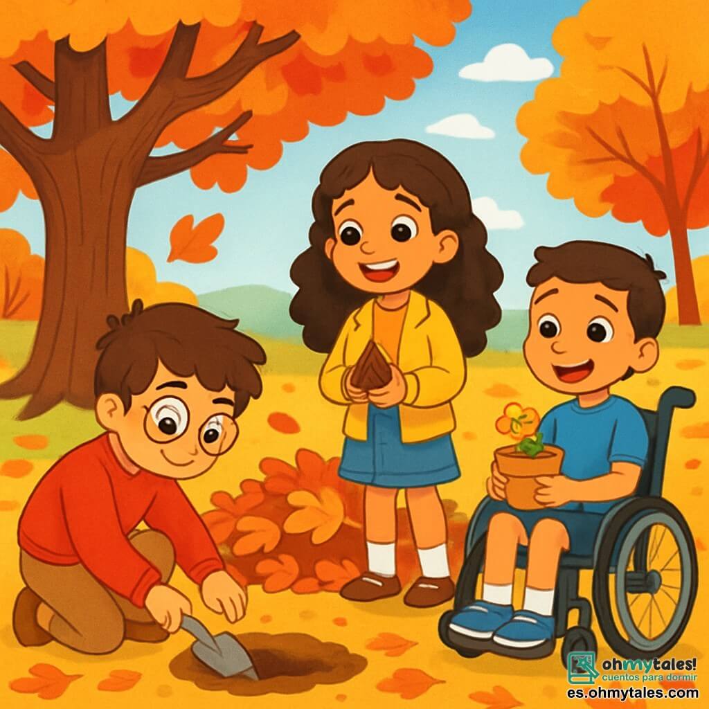 Hay 3 personajes: - Tomás: Un niño de 8 años con cabello castaño desordenado y gafas redondas. Lleva un suéter rojo y pantalones beige. Está agachado, cavando un pequeño hoyo en el suelo con una palita. - Sofía: Una niña de 7 años con cabello rizado y una sonrisa radiante. Lleva una chaqueta amarilla y una falda de mezclilla. Está de pie junto a Tomás, sosteniendo un bulbo de flor en sus manos, lista para plantarlo. - Lucas: Un niño de 8 años con cabello corto y una gran alegría en los ojos. Está en silla de ruedas, vestido con una camiseta azul y un short. Se encuentra un poco atrás, observando a sus amigos con una sonrisa, mientras sostiene una maceta pequeña. El lugar es un jardín de otoño, lleno de árboles con hojas brillantes de rojo, naranja y amarillo. El suelo está cubierto de un tapiz de hojas coloridas, y un gran roble majestuoso se erige en el centro, con sus ramas extendidas como brazos acogedores. A lo lejos, se ve una colina suave bajo un cielo azul claro, salpicado de nubes esponjosas. La situación principal muestra a los tres amigos plantando bulbos de flores en el jardín, rodeados de un gran montón de hojas sobre el cual acaban de saltar. Se ríen y se divierten, disfrutando de la belleza del otoño mientras preparan su jardín para el invierno.
