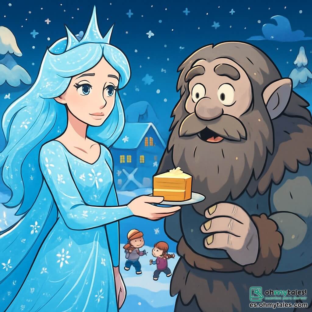 La Reina de las Nieves, una mujer majestuosa con cabellos plateados que brillan como copos de nieve, se encuentra en el centro de la escena. Su rostro refleja una suave melancolía, y sus ojos azul glaciar muestran curiosidad y esperanza. Lleva un vestido fluido de cristal, adornado con motivos de escarcha, que parece danzar a su alrededor en el viento helado. A su lado, un Troll del Norte, un hombre alto y robusto con piel gris áspera y una larga barba desaliñada, observa la escena con sorpresa y asombro. Viste pieles gruesas y se mantiene un poco atrás, como si dudara en acercarse. En el fondo, se extiende un pueblo nevado bajo un cielo estrellado, con casas con techos cubiertos de nieve brillante y niños jugando alegremente, lanzando bolas de nieve y riendo. Los árboles, cargados de nieve, se alzan majestuosamente, creando un ambiente de cuento de hadas. La escena principal muestra a la Reina de las Nieves extendiendo la mano hacia el Troll, ofreciéndole un trozo de pastel, simbolizando amistad y comprensión. Los copos de nieve caen suavemente a su alrededor, añadiendo un toque mágico a esta escena de reconciliación y calidez humana.