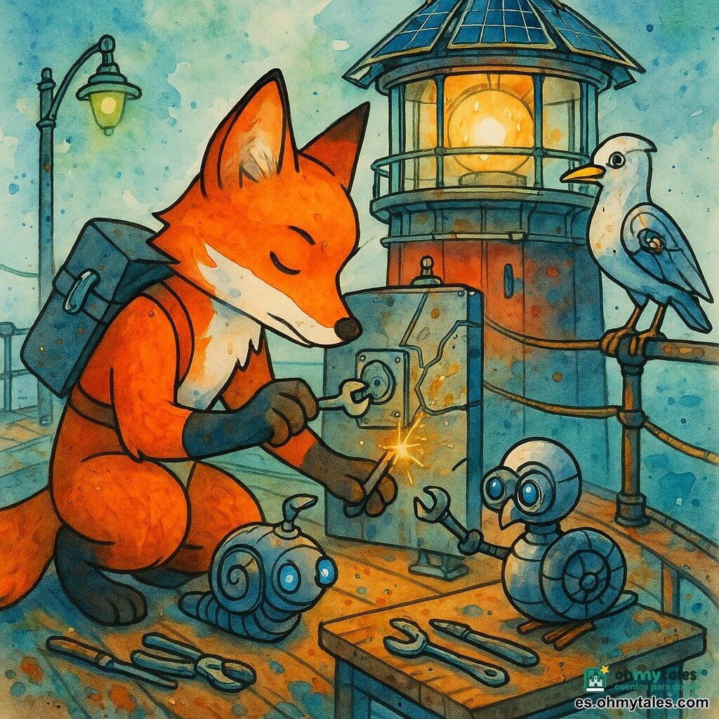 Un zorro antropomórfico, sereno y reflexivo, pelaje naranja y patas blancas, cuaderno gris sujeto en la espalda por un broche brillante, rostro concentrado reparando un panel agrietado del faro con un pequeño regulador y una llave; un robot en forma de caracol metálico llamado Rizo, ojos-botón azules parpadeantes, atento sobre la mesa de trabajo junto al zorro ofreciendo una pinza; una gaviota mecánica de alas metálicas con una pluma solar perdida y un broche en el ala, posada en la barandilla, alerta y lista para volar; lugar: cima de un faro futurista de vidrio y acero con pasarelas de madera húmeda, paneles solares hexagonales brillantes, bruma marina suave, faroles de luz verde difusa y cordajes relucientes entre terrazas sobre el mar; situación: reparación minuciosa del panel de equilibrio energético, pequeñas chispas, herramientas dispuestas, una esfera luminosa en el centro que empieza a emitir un halo dorado, atmósfera de calma, concentración y ayuda mutua.