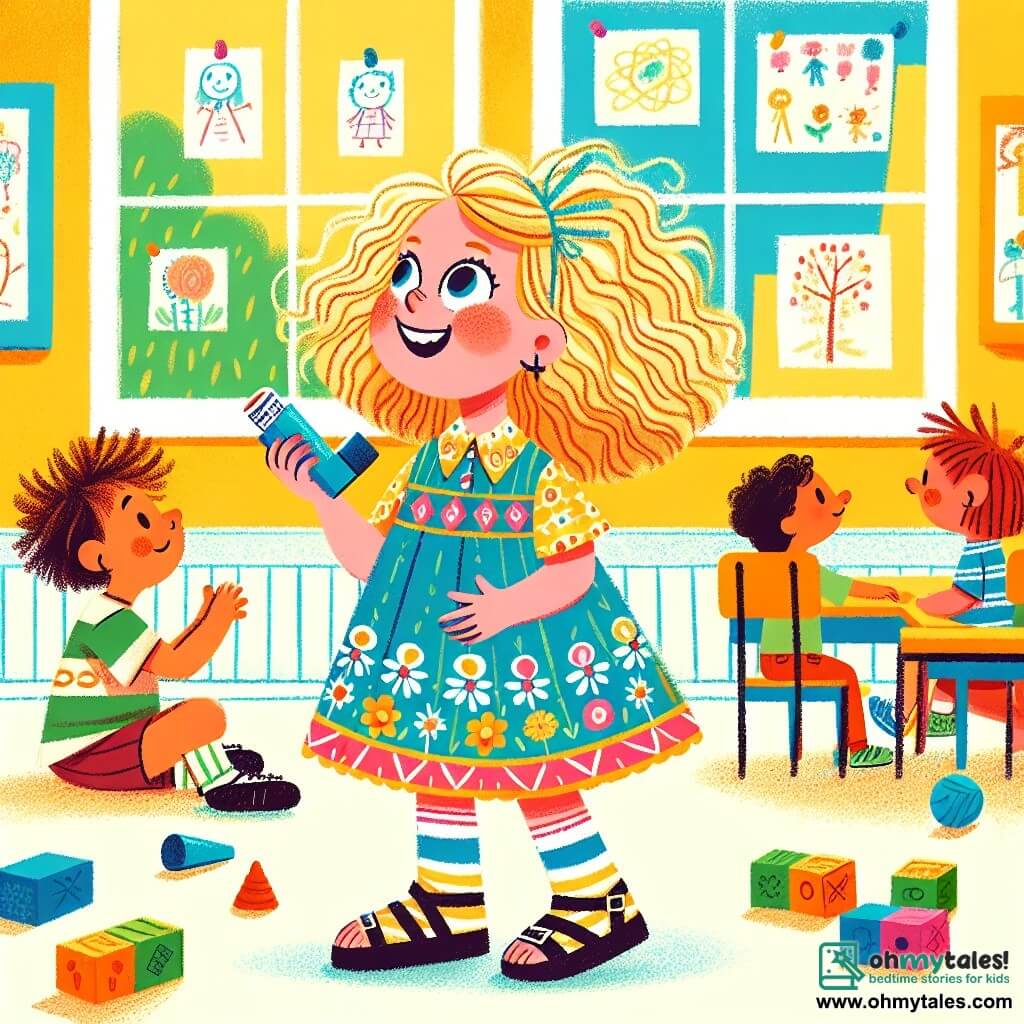A 4-year-old girl, Ellie, with beautiful curly golden hair, smiles joyfully while holding a blue inhaler in her hand. She wears a lovely colorful dress with flower patterns and sandals. Her bright eyes show her pride and determination. Next to her, her friend Sam, a 4-year-old boy with messy brown hair and a striped t-shirt, looks at Ellie with curiosity. He is sitting on the floor, surrounded by colorful building blocks, ready to stack them. The scene takes place in a bright classroom, with yellow-painted walls and children's drawings hanging up. Sunlight streams in through the windows, illuminating the scattered toys on the floor. Ellie confidently explains to her classmates what asthma is, holding her inhaler. The other children listen attentively, fascinated by her story and courage.