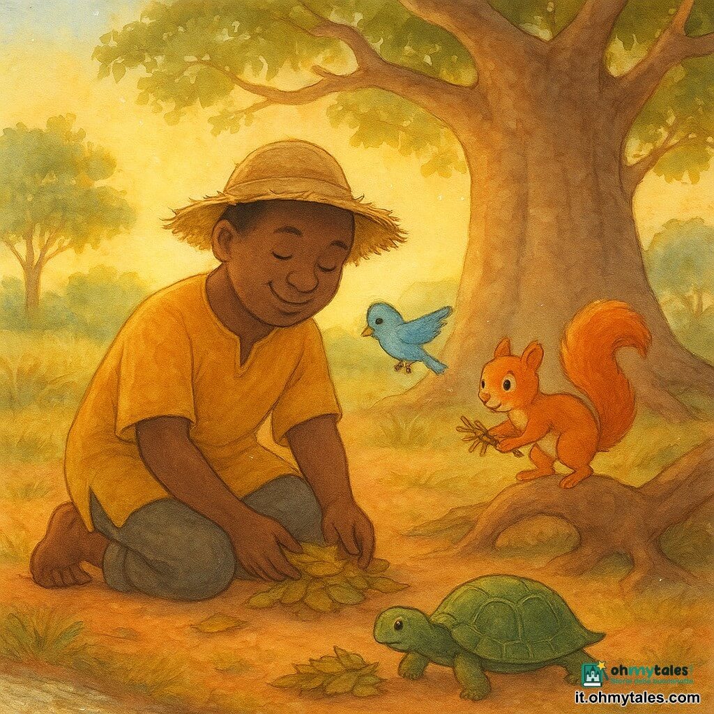 Kofi, uomo dal volto rotondo e pelle bruna, sorride calmo e concentrato inginocchiato a raccogliere foglie vicino a un baobab; indossa una tunica ocra e un cappello di paglia sfilacciato. La piccola scimmietta femmina Zuri, pelo rossiccio, salta su una radice con un mucchietto di rametti a destra di Kofi in primo piano. La tartaruga femmina Binta, carapace verde venato, avanza lentamente spingendo un cumulo di foglie verso un angolo pulito in primo piano a sinistra vicino al ruscello. Il piccolo uccellino maschio Piku, piumaggio azzurro, vola sopra le mani di Kofi portando una buccia di frutto tra Kofi e il baobab. Luogo: radura sotto un grande baobab, terreno rosso chiazzato d'erba gialla, un ruscello scintillante a sinistra e manghi e alte erbe sullo sfondo. Scena: momento di pulizia collettiva e tranquilla al tramonto, luce dorata tra le foglie.