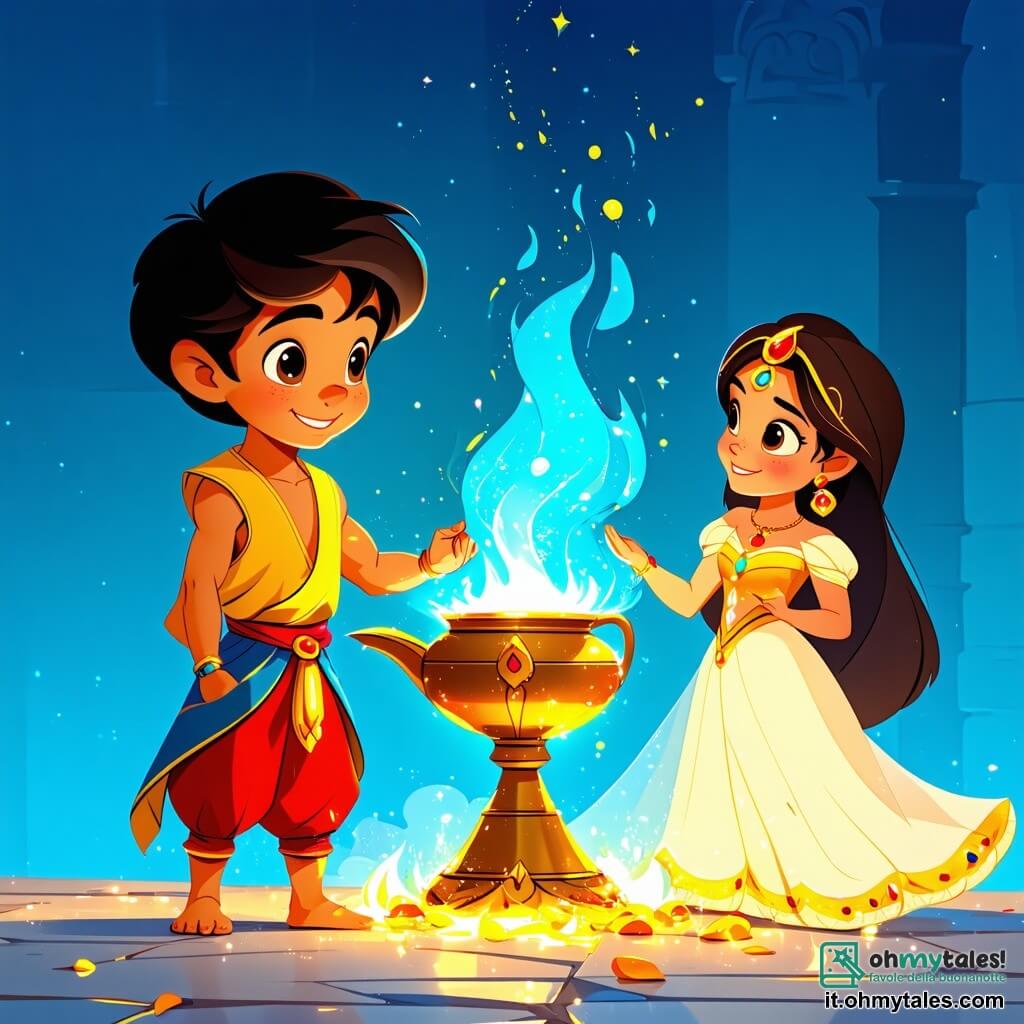 Aladdin, un ragazzo dai capelli neri e ricci, indossa pantaloni colorati e un gilet dorato, mostrando un grande sorriso mentre strofina una lampada di argilla lucente. I suoi occhi brillano di eccitazione e curiosità mentre una nuvola di fumo azzurro inizia a sollevarsi dalla lampada, rivelando un genio maestoso. Accanto a lui c'è Jasmine, una ragazza di circa 10 anni con lunghi capelli castani e un vestito turchese decorato con motivi floreali, che guarda Aladdin con ammirazione, tenendo un piccolo libro di fiabe. La scena si svolge in un mercato vivace, pieno di bancarelle colorate, frutti esotici e tessuti variopinti, illuminato da lanterne sospese. Aladdin, con un'espressione di sorpresa e gioia, strofina la lampada magica mentre un genio flamboyante si materializza, pronto a esaudire desideri, circondato dall'energia vibrante del mercato.