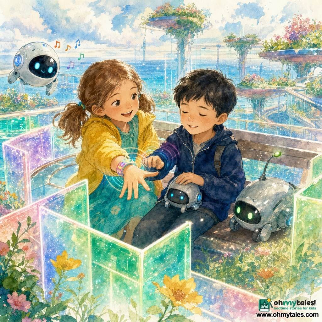An 8-year-old girl, joyful and focused with light brown pigtails, wearing a bright yellow jacket and turquoise dress, reaches out smiling to guide, her vibrating bracelet visible; an 8-year-old blind boy named Max, calm and curious with short black hair and a navy jacket, sits on a bench beside her holding a small guide robot while feeling the bracelet's vibration; a small round robot named Dotty, polished white metal with blue lights, floats behind the girl emitting gentle musical notes, and an elongated guide robot named Pippin with a silver shell and green LED eyes stands protectively by the boy; the scene is a floating garden on a glass platform with lush green grass, floating colorful flower beds, a translucent glass walkway with a lit railing, aerial bridges and a sparkling sea in the distance, as the pair navigate a maze of light walls with visible colorful vibration rings in a soft, optimistic pastel palette with neon touches, rendered in detailed watercolor with wet textures and controlled splashes.