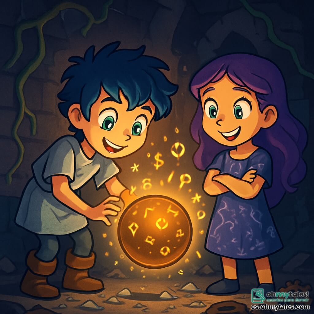 Hay 2 personajes principales: - Kael: Un niño de 9 años con cabello desordenado de color azul noche y ojos brillantes como estrellas. Lleva una túnica de tela plateada y botas de cuero desgastadas. Está inclinado hacia adelante, con las manos sobre una esfera de bronce, su rostro iluminado por la luz misteriosa que emana. - Tiren: Una niña de 9 años con largos cabellos ondulados de un violeta brillante y ojos verdes llenos de curiosidad. Lleva un vestido de tela ligera, adornado con patrones de constelaciones. Se encuentra justo al lado de Kael, con los brazos cruzados y una sonrisa de emoción en el rostro, observando la esfera. La situación principal tiene lugar en una habitación oscura y antigua, con paredes de piedra rugosa cubiertas de lianas luminosas. En el centro, una esfera de bronce flota, rodeada de símbolos luminosos que danzan en el aire. Fragmentos de vidrio y engranajes oxidados cubren el suelo, mientras sombras misteriosas se dibujan en las paredes, creando una atmósfera mágica y inquietante. La trama muestra a Kael y Tiren descubriendo la esfera mágica. La luz deslumbrante del objeto ilumina sus rostros maravillados, mientras imágenes fantásticas flotan a su alrededor, revelando secretos olvidados de su mundo.