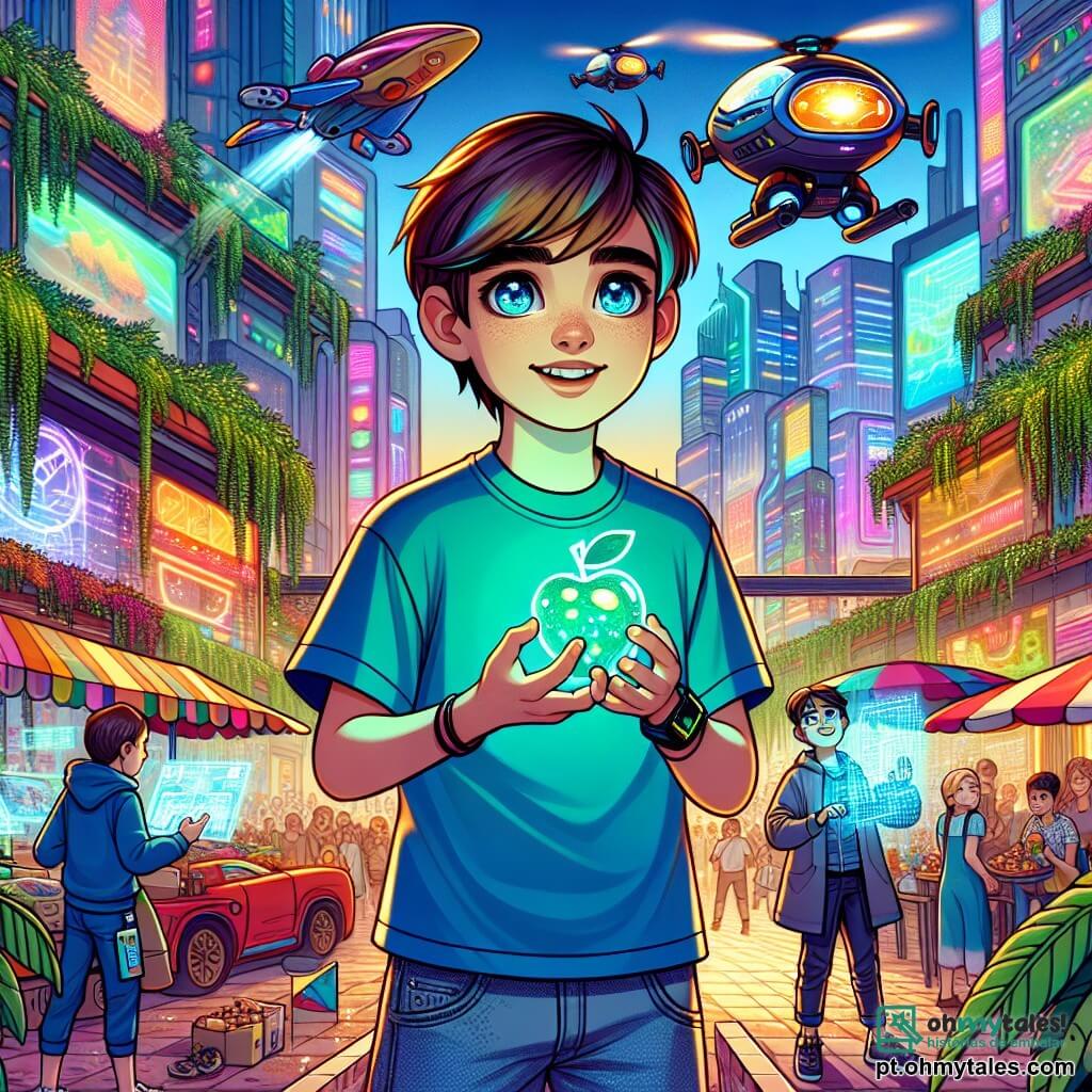 Um garoto de 12 anos, Miguel, com cabelos castanhos e olhos curiosos, está no centro de uma rua futurista, sorrindo maravilhado. Ele usa uma camiseta azul vibrante e um short de denim, segurando uma maçã transparente na mão, pronto para explorá-la. Ao seu lado, Kian, também de 12 anos, com cabelos azuis e óculos brilhantes, ri enquanto controla um pequeno drone em forma de peixe que voa ao redor. Um pouco mais adiante, Zé, um garoto de 12 anos com cabelos castanhos e um moletom, observa um holograma flutuante com fascinação. O local é um mercado movimentado da cidade futurista de Lumina, com barracas flutuantes de comida colorida, jardins verticais exuberantes nas paredes e drones multicoloridos no céu. Os edifícios de vidro cintilante, iluminados por néons, se erguem majestosos ao redor deles. A cena principal mostra Miguel, Kian e Zé descobrindo juntos as maravilhas da cidade, maravilhados com a tecnologia e a beleza do ambiente, enquanto hologramas de criaturas fantásticas dançam ao redor.