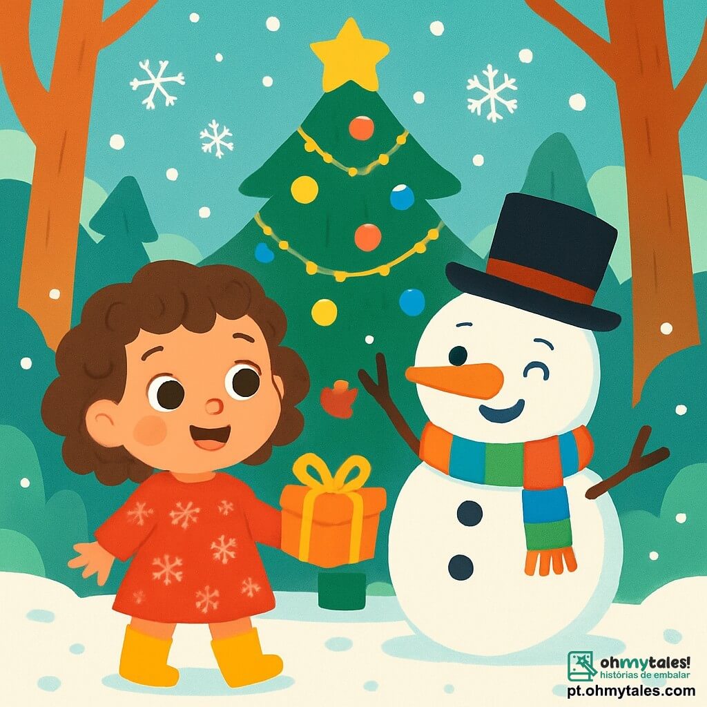 Uma menina de 2 anos, Lili, com cabelos cacheados e olhos cheios de curiosidade, está no meio de uma floresta encantada, sorridente e maravilhada. Ela usa um vestido vermelho com padrões de flocos de neve e botas de borracha amarelas. Ao seu lado, um boneco de neve alegre, com um chapéu alto e um cachecol colorido, pisca para ela segurando uma cenoura para o nariz. Ao fundo, um grande pinheiro brilhante, decorado com luzes e bolas coloridas, ilumina a cena. Lili, cheia de entusiasmo, procura um presente especial para sua avó, cercada por flocos de neve que caem suavemente ao redor deles.