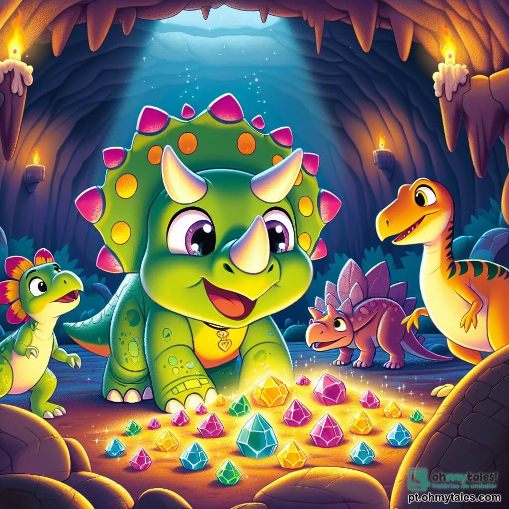 Um triceratops alegre chamado Tico, com pele verde e manchas de cores vivas nas costas, está no centro da cena, com os olhos brilhando de empolgação, descobrindo um tesouro cintilante em uma caverna. Ao seu lado, uma estegossauriana chamada Sara, com placas rosas nas costas e uma grande cauda, observa com admiração as pedras brilhantes, enquanto um pequeno velociraptor chamado Vico, com penas amarelas e olhos travessos, se aproxima curiosamente dos tesouros. A caverna é escura, mas iluminada por reflexos de luz das pedras preciosas, com paredes adornadas com pinturas rupestres de outros dinossauros. A cena principal mostra Tico, Sara e Vico descobrindo juntos o tesouro escondido, cheios de alegria e admiração, simbolizando amizade e aventura.