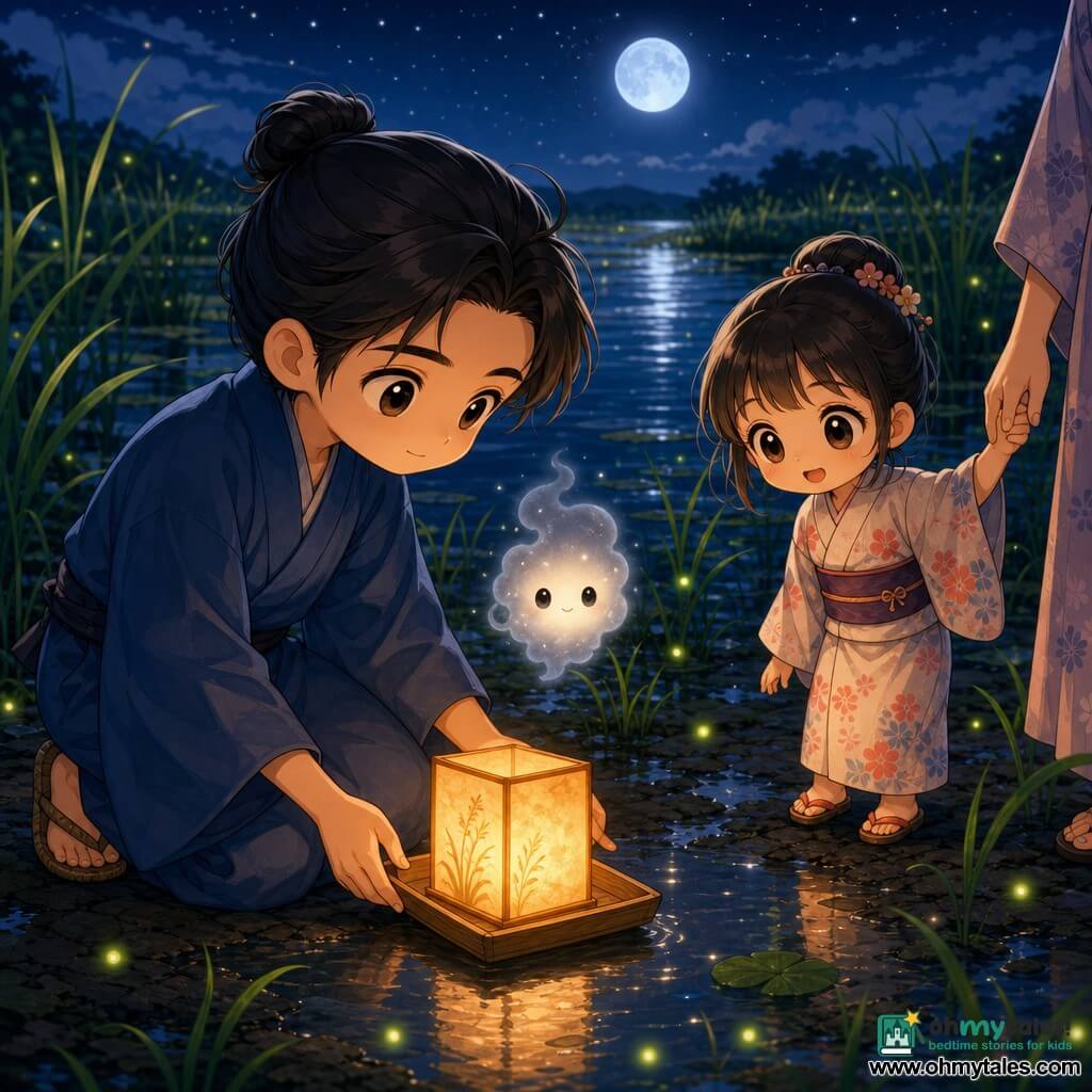 A young man (Haru) with a gentle, focused face and slightly furrowed brows kneels at the edge of a pond in a simple indigo kimono, hair in a low bun and straw sandals, holding a yellowed paper lantern on a small wooden tray; a seven-year-old girl in a floral yukata stands beside the shore, holding the hand of an adult off-frame and watching the lantern float; a childlike non-human spirit, a pale translucent cloud with dark bead-like eyes, hovers above nearby reeds emitting a soft white glow; the scene is nighttime at a shallow Japanese marsh with mirror-like water, thin green reeds, dark cracked mud softened by water, and a low silver moon reflected on the surface; the amber lantern drifts on the water surrounded by faint yellow-green fireflies forming circles in the air, creating a calm, reverent, wonder-filled atmosphere.