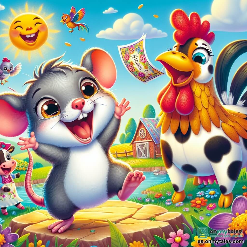 Un pequeño ratón llamado Ratico, con un suave pelaje gris y ojos chispeantes de alegría, baila sobre una piedra soleada, con una gran sonrisa en su rostro. A su lado, la vaca Lola, con su pelaje blanco y negro y manchas rosas, se ríe, con las patas cruzadas, mientras sostiene una invitación colorida en su boca. Al fondo, el gallo Ramón, con sus plumas brillantes de rojo y oro, canta alegremente en una rama, añadiendo a la atmósfera festiva. La escena tiene lugar en una hermosa granja, rodeada de campos verdes, flores coloridas y un cielo azul brillante. Ratico, emocionado, anuncia a sus amigos que organiza una gran fiesta, llena de risas, juegos y música.