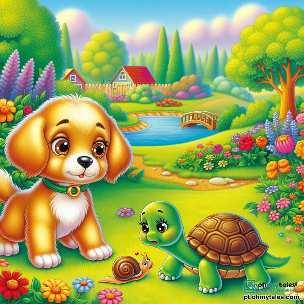 Um pequeno cachorro dourado chamado Pip, com pelagem brilhante e olhos cheios de curiosidade, está no centro da imagem, olhando ao redor com uma expressão determinada. À sua direita, uma tartaruguinha chamada Tina, com uma carapaça verde e olhos suaves, está agachada, parecendo preocupada, procurando seu caracol Cuca na grama. Ao fundo, um jardim colorido se estende, repleto de flores vibrantes, grandes árvores com folhas verdes e um pequeno lago brilhando ao sol. A cena principal mostra Pip e Tina em busca de Cuca, o caracol, que está escondido em algum lugar neste lindo jardim.