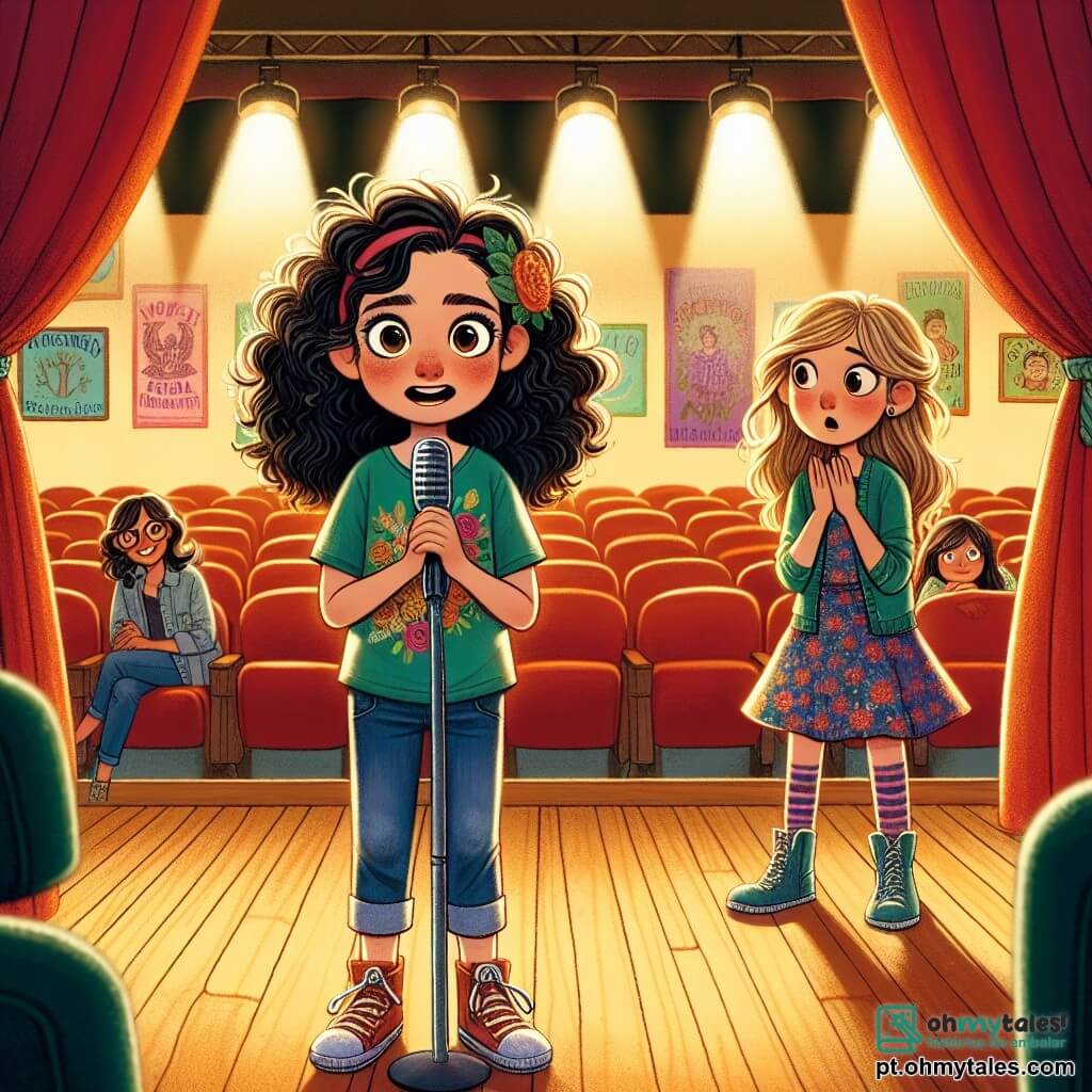 Uma menina de 12 anos, Luísa, está no centro do palco, com cabelos cacheados e negros e olhos brilhando de nervosismo. Ela usa uma camiseta colorida e jeans, suas mãos tremem levemente enquanto se prepara para falar diante do público. Ao lado dela, sua melhor amiga, Júlia, também de 12 anos, tem cabelos longos e loiros, veste um vestido florido e observa Luísa com um sorriso encorajador, mas também uma pitada de preocupação nos olhos. A cena acontece em um auditório escolar acolhedor, com assentos de madeira e cortinas vermelhas que emolduram o palco. Cartazes coloridos de produções teatrais anteriores decoram as paredes, criando uma atmosfera alegre e criativa. Luísa está diante do microfone, pronta para compartilhar sua história sobre a importância da verdade, enquanto o público, composto por alunos e professores, a escuta atentamente, criando uma atmosfera de tensão e expectativa.