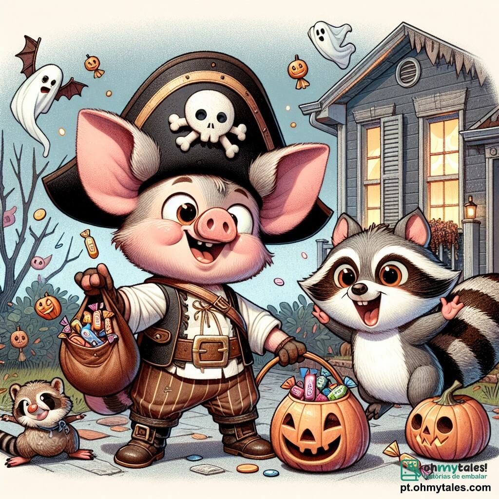 Um pequeno porquinho travesso chamado Tico, um coelho marrom com orelhas grandes, veste um traje de pirata com um chapéu e uma espada de plástico, exibindo um largo sorriso de empolgação enquanto segura uma sacola cheia de doces. Ao seu lado, sua melhor amiga, a guaxinim Rita, com pelagem cinza e olhos brilhantes de curiosidade, olha ao redor com um ar de aventura, enquanto o pequeno esquilo Zezé, com sua pelagem marrom e cauda peluda, salta alegremente, rindo de felicidade. Eles estão em frente a uma casa decorada para o Halloween, adornada com abóboras sorridentes, teias de aranha e fantasmas de papel flutuando ao vento. A cena captura a empolgação da noite de Halloween, enquanto os amigos se preparam para entrar na casa misteriosa em busca de guloseimas, cercados por uma atmosfera mágica e levemente assustadora.
