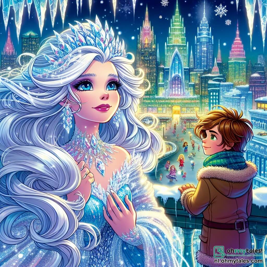 De Sneeuwkoningin, een majestueuze vrouw met etherische schoonheid, staat op de top van een groot kristallen balkon, haar lange zilveren haren wapperend als sneeuwvlokken. Haar gezicht is doordrenkt van melancholie, met diepblauwe ogen die zacht en triest stralen. Ze draagt een schitterende jurk, gemaakt van duizenden ijskristallen, die het maanlicht weerkaatst. Naast haar staat Kai, een jongen van ongeveer 10 jaar met bruin haar en sprankelende ogen, die de stad beneden met een vastberaden blik aankijkt. Hij is gekleed in een warme jas, gewikkeld in een kleurrijke sjaal, en houdt een klein glinsterend flesje in zijn hand. De achtergrond toont een winterse metropool, waar glinsterende wolkenkrabbers lijken op ijstalactieten, verlicht door kleurrijke lichten. De sneeuw valt zachtjes, bedekt de straten met een stralende witte deken, terwijl kinderen vrolijk beneden spelen, hun gelach weerklinkt in de frisse lucht. De hoofdscène toont de Sneeuwkoningin en Kai, verenigd in hun zoektocht om hoop naar de stad te brengen, terwijl ze het besneeuwde landschap aanschouwen, klaar om de uitdagingen die hen te wachten staan te trotseren.