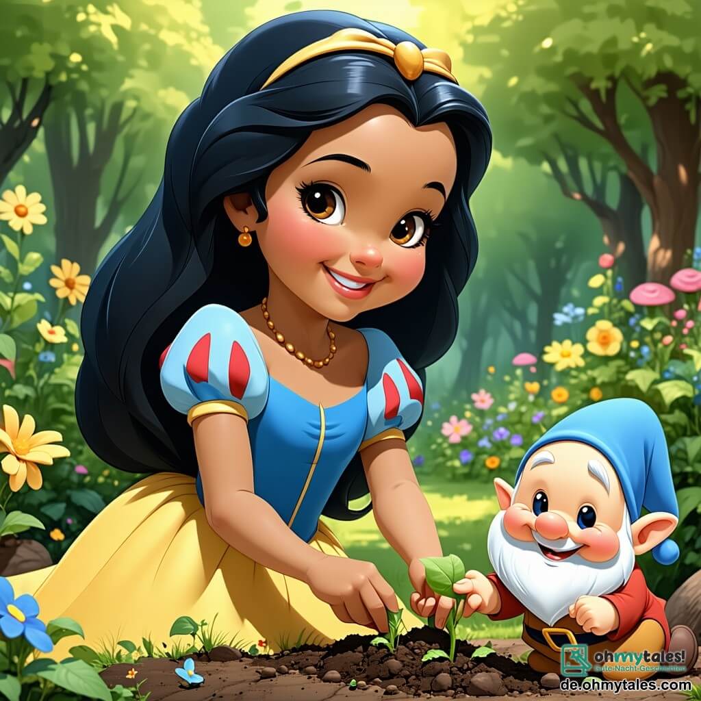 Schneewittchen, ein etwa 16-jähriges Mädchen, hat lange, schwarze Haare wie Ebenholz und eine helle Haut, die in der Sonne strahlt. Sie trägt ein blau-gelbes Kleid, verziert mit bunten Blumen, und zeigt ein strahlendes Lächeln, voller Freude und Enthusiasmus, während sie Samen im Garten pflanzt. An ihrer Seite lacht einer der sieben Zwerge, ein fröhlicher kleiner Mann von etwa 50 Jahren mit einem weißen Bart und einem roten Hut, während er eine Schaufel hält, bereit, ihr zu helfen. Ein anderer Zwerg mit einem grünen Hut hockt neben ihr und beobachtet neugierig die kleinen Triebe, die aus der Erde kommen. Der Garten ist ein zauberhafter Ort, gefüllt mit Reihen bunter Gemüse und strahlender Blumen, unter einem klaren blauen Himmel mit flauschigen weißen Wolken. Schmetterlinge umschwirren die Pflanzen und verleihen der Szene einen Hauch von Magie. Die Hauptsituation zeigt Schneewittchen und die Zwerge, die gemeinsam im Gemeinschaftsgarten arbeiten, während sie lachen und lächeln, während sie sich um die jungen Pflanzen kümmern, was Einheit und Freude symbolisiert, etwas Schönes zusammen zu schaffen.