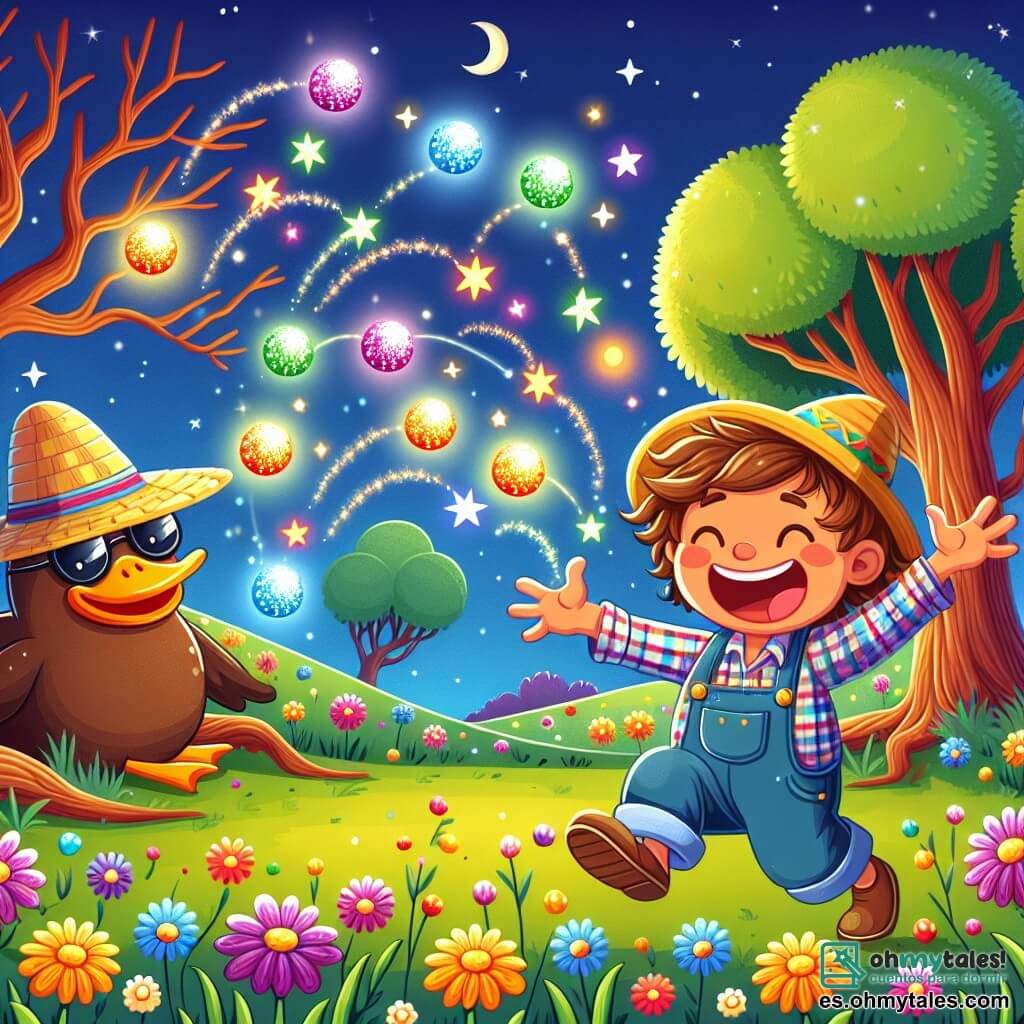 Un niño llamado Lucas, de 7 años, con cabello castaño desordenado y una sonrisa brillante, lleva un sombrero colorido y salta alegremente en un campo de flores multicolores. A su lado, un gran pato gigante, con gafas de sol y un sombrero de paja, ríe mientras se esconde detrás de un árbol enorme. El lugar es un paisaje de ensueño, con un cielo estrellado, árboles con troncos retorcidos y flores brillantes que bailan con la brisa nocturna. Globos de colores flotan en el aire, añadiendo un toque de magia a la escena. La situación principal muestra a Lucas saltando alto, tratando de atrapar globos coloridos que se elevan, mientras el pato gigante lo anima con una gran sonrisa. La atmósfera es alegre y lúdica, llena de risas y magia.