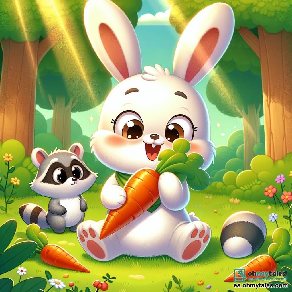 Un pequeño conejo llamado Tito, con un pelaje suave y blanco, grandes orejas y ojos brillantes de alegría, está sentado en la hierba verde, sosteniendo una enorme zanahoria naranja en sus patas delanteras. Tiene una gran sonrisa en el rostro, mostrando su emoción. Junto a él, un pequeño mapache llamado Rufi, con pelaje gris y ojos redondos y curiosos, mira la zanahoria con una expresión de deseo y tristeza. Se mantiene un poco alejado, con las patas cruzadas, como si dudara en acercarse. La escena transcurre en un claro soleado del bosque, rodeado de árboles de hojas verdes brillantes y flores coloridas que bailan suavemente con el viento. Rayos de sol filtran a través de las ramas, creando sombras suaves en el suelo. Tito, feliz con su descubrimiento, está mordiendo la zanahoria, mientras Rufi, algo triste, se queda al lado, esperando poder compartir este manjar con su amigo.