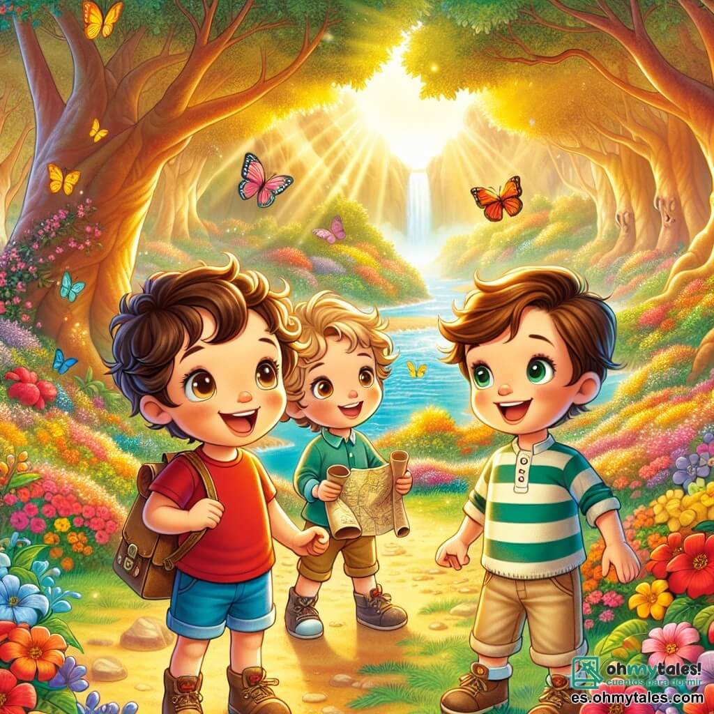 En un hermoso valle lleno de flores coloridas, tres amigos están en el centro de la escena. Lucas, un niño de cinco años con cabello rizado y castaño, lleva una camiseta roja y un pantalón corto azul. Sonríe con entusiasmo, sosteniendo un viejo mapa en sus manos. A su derecha, Mateo, otro niño de cinco años con cabello liso y rubio, viste una camisa a rayas verdes y pantalones beige. Observa con curiosidad el paisaje, con los ojos muy abiertos. A la izquierda, Tomás, un niño de cinco años con cabello ondulado y castaño, lleva un suéter azul claro y jeans. Se mantiene tranquilo, con las manos en los bolsillos, observando los majestuosos árboles que los rodean. El lugar es un valle encantador, bañado en luz dorada, con árboles gigantes de hojas brillantes y una fuente de agua clara en el centro, que emite reflejos de arcoíris. Mariposas de colores vuelan a su alrededor, añadiendo un toque de magia a la atmósfera. Los tres amigos descubren el "Valle de las Ideas", un lugar donde cada árbol susurra pensamientos profundos. Están listos para escuchar los secretos del lugar, con expresiones de asombro en sus rostros, reflejando su búsqueda de sabiduría y amistad.