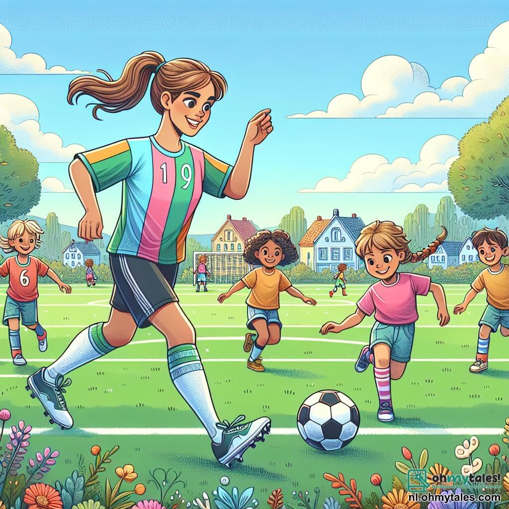 In het midden van de afbeelding dribbelt Emma, een atleet van ongeveer 25 jaar, een voetbal op een groot groen gazon. Ze heeft bruin haar in een paardenstaart en een stralende glimlach die haar vreugde en passie voor het spel toont. Ze draagt een kleurrijk shirt met nummer 10, shorts en sportschoenen. Om haar heen zijn verschillende kinderen: Max, een 6-jarig jongetje met rommelig blond haar, rent aan haar rechterkant met zijn armen omhoog van opwinding. Aan haar linkerkant staat een klein meisje met vlechten in een roze t-shirt, klaar om de bal te ontvangen met een grote glimlach. Het veld is omringd door kleurrijke bloemen en grote bomen, onder een heldere blauwe lucht met enkele witte wolken. In de verte zijn huizen met kleurrijke gevels te zien die een charmante toets aan het landschap geven. Emma leert de kinderen hoe ze voetbal moeten spelen, moedigt hen aan om de bal door te geven en samen te werken, wat een sfeer van kameraadschap en vreugde op het veld creëert.