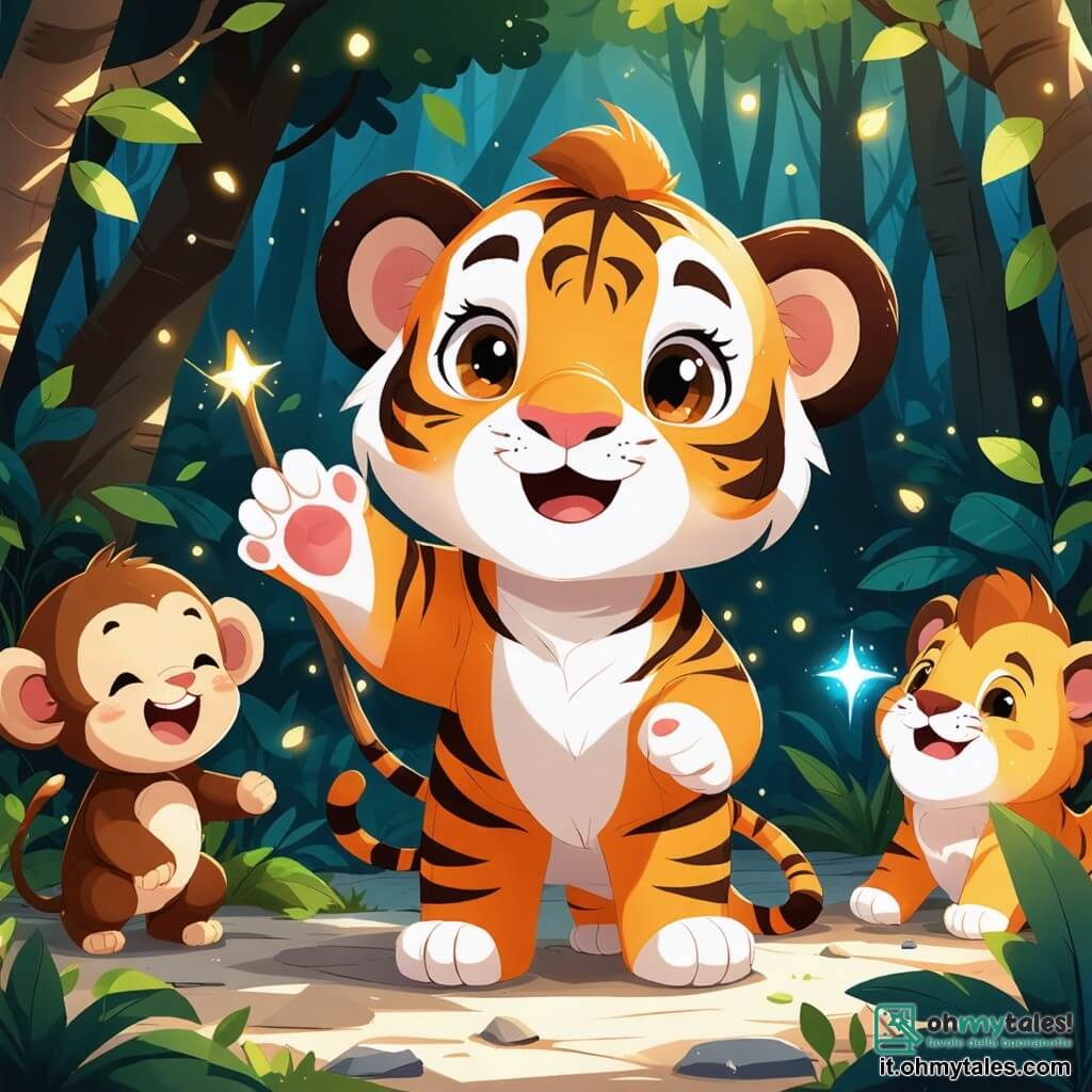 Un giovane tigre dalle strisce arancioni e bianche, con grandi occhi brillanti di determinazione, si trova al centro della scena, sollevando la zampa con entusiasmo, pronto a esplorare un nuovo mondo. Alla sua destra, un piccolo leone dal pelo dorato, con una criniera nascente che brilla al sole, sorride con ammirazione, gli occhi scintillanti di eccitazione, tenendo un bastone che ha fatto per aiutarli nella loro avventura. A sinistra, una piccola scimmia furba con pelo marrone, appesa a un ramo, ride gioiosamente, i suoi occhi brillanti di malizia, tenendo una piccola mappa che ha disegnato per guidare il gruppo. Il luogo è una vasta prateria colorata, punteggiata di fiori vivaci, con colline verdi sullo sfondo e un cielo blu chiaro punteggiato di nuvole bianche e soffici. La scena principale mostra il tigre e i suoi amici, pronti a partire per l'avventura, circondati dalla bellezza della natura, illustrando lo spirito di squadra e l'uguaglianza di genere, tutti uniti nella loro ricerca di scoperta e amicizia.