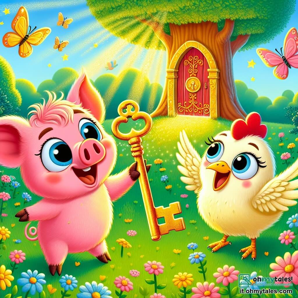 Un piccolo maialino di nome Pino, con un pelo rosa e guance rotonde, mostra un grande sorriso di eccitazione mentre tiene una chiave d'oro scintillante tra le sue piccole zampe. Accanto a lui, la sua migliore amica, Clara la gallina, con piume gialle brillanti e uno sguardo curioso, batte le ali gioiosamente guardando la chiave. Si trovano in un magnifico prato verde, punteggiato di fiori colorati e baciato dalla luce dorata del sole, con alberi maestosi sullo sfondo. In lontananza, un grande albero con una porta rossa misteriosa si erge, circondato da farfalle danzanti. La scena principale mostra Pino e Clara, meravigliati, davanti all'albero magico, pronti ad aprire la porta con la chiave d'oro, simboleggiando la loro ricerca di avventura e amicizia.