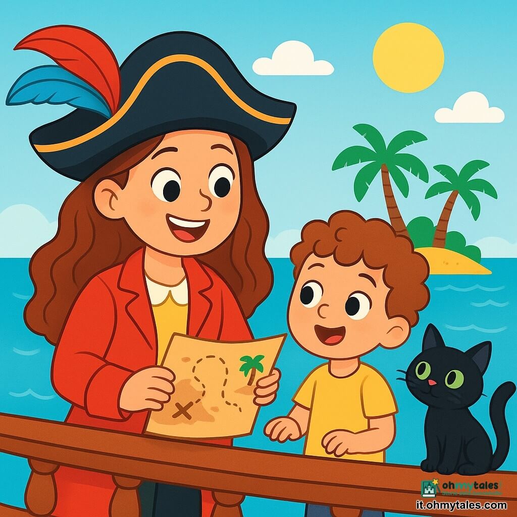 La capitana Lina, una donna dal sorriso splendente e dai lunghi capelli ondulati, si erge orgogliosa sul ponte della sua nave pirata. Indossa un cappello da pirata decorato con una piuma colorata e una giacca rossa brillante. I suoi occhi brillano di eccitazione mentre tiene una mappa del tesoro tra le mani. Accanto a lei, un bambino di 7 anni con i capelli ricci guarda con meraviglia la mappa, gli occhi spalancati. Un gatto nero dagli occhi verdi, seduto sul parapetto, osserva attentamente le onde, pronto a balzare. La nave naviga su un mare calmo, dove i riflessi del sole danzano sull'acqua blu. In lontananza, un isolotto verdeggiante emerge, circondato da palme e sabbia dorata. La scena emana un'atmosfera di avventura gioiosa, mentre la capitana Lina e il suo equipaggio si preparano a scoprire un tesoro nascosto, pieni di entusiasmo e curiosità.