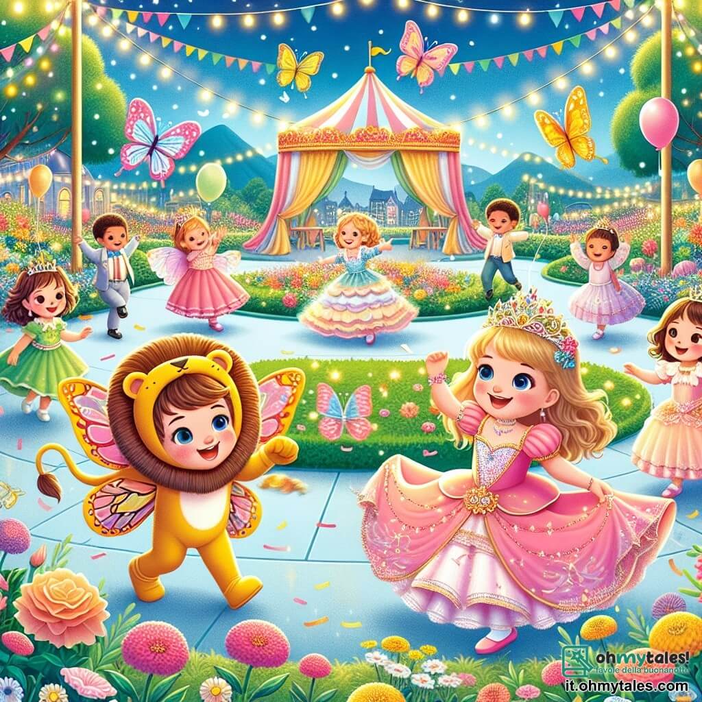 In un bel giardino scolastico, Giulia, una bambina di tre anni con grandi ali di farfalla colorate, danza gioiosamente al centro dell'immagine. Alla sua destra, Marco, un bambino di tre anni vestito da leone con una criniera dorata, salta ridendo. A sinistra, Sofia, una bambina di tre anni in abito da principessa rosa e corona scintillante, gira su se stessa con un sorriso radioso. Il giardino è decorato con palloncini colorati e festoni di carta, e fiori brillanti che aggiungono magia all'atmosfera. Sullo sfondo, un grande tendone colorato attira l'attenzione, pieno di luci scintillanti e risate di bambini. La scena rappresenta la grande sfilata di Carnevale, dove i bambini, vestiti con i loro costumi vivaci, sfilano gioiosamente, creando cuori di carta e stelle dorate per la festa.