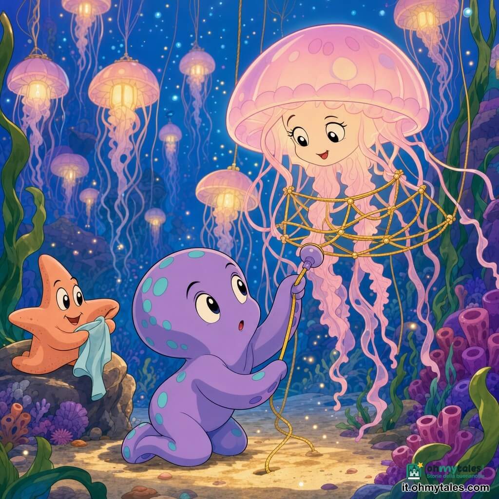 Un piccolo polpo chiamato Lume, corpo rotondo e tentacoli corti, pelle lavanda con macchie turchesi, concentrato e dolce, è inginocchiato sulla sabbia e tende una cordicella gialla con una ventosa verso una grande medusa-lampada rosa pallido e traslucida dai tentacoli sottili, il cui volto è benevolo mentre, sospesa sopra Lume, emana una calda luce mentre lui sistema delicatamente il filo del suo nido sotto una pioggia di bolle; la stella marina Seta, pesca e soffice, osserva da una pietra vicina con un pezzo di stoffa azzurro, sorriso incoraggiante; lo sfondo è una valle sottomarina di meduse luminescenti, alghe verdi ondeggianti, coralli viola e particelle luminose che fluttuano come polvere di stelle, atmosfera calma, luminosa e rassicurante.