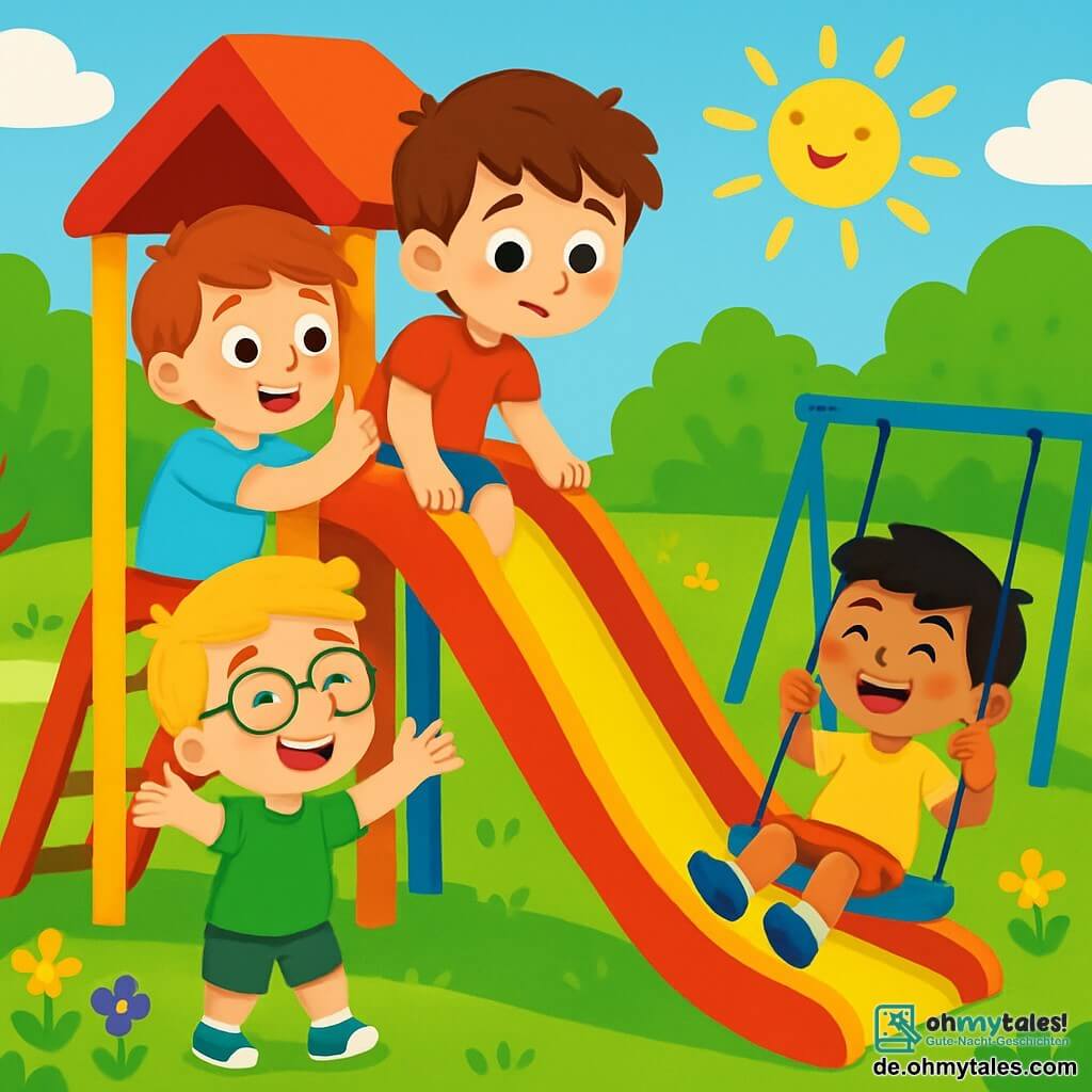 Es gibt 4 Kinder: Max, ein 6-jähriger Junge mit zerzausten braunen Haaren und blauen Augen, trägt ein rotes T-Shirt und eine blaue Shorts. Er steht oben auf der großen Rutsche, schaut nach unten und ist sowohl aufgeregt als auch ängstlich. Ben, ebenfalls 6 Jahre alt, hat blonde Haare und trägt eine Brille, ein grünes T-Shirt und kurze Hosen. Er steht unten an der Rutsche, lacht und ermutigt Max. Leo, ein weiterer 6-jähriger Junge mit schwarzen Haaren und einem strahlenden Lächeln, trägt ein gelbes T-Shirt und eine gestreifte Shorts. Er sitzt auf einer Schaukel und wartet auf seinen Spielturn. Tom, ein 6-jähriger Junge mit braunen Haaren und Sommersprossen, trägt ein hellblaues T-Shirt und eine beigefarbene Hose. Er steht hinter Max, bereit, ihn zu unterstützen. Der Ort ist ein sonniger Park mit bunten Spielgerüsten. Die große Rutsche ist rot und gelb, umgeben von leuchtendem Grün. Bunte Blumen säumen die Wege, und andere Kinder spielen fröhlich in der Umgebung. Die Hauptsituation zeigt Max, der nervös an der Spitze der Rutsche steht, während Ben ihn unten mit einem großen Lächeln ermutigt. Leo schwingt fröhlich auf der Schaukel, und Tom ist bereit, seinem Freund zu helfen. Das Bild fängt den Moment ein, in dem Max seine Angst überwindet und sich darauf vorbereitet, hinunterzurutschen, mit Aufregung und Freundschaft in ihren Gesichtern.