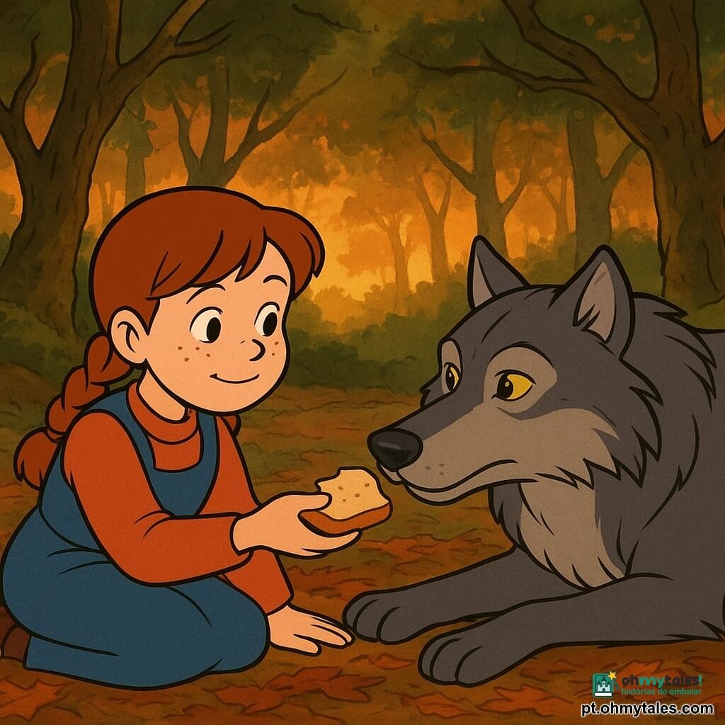 Leonor, menina de 10 anos de rosto redondo e sardas, cabelo castanho em duas tranças, expressão corajosa e serena, sentada no chão estende um pedaço de pão a um grande lobo cinzento de pelagem densa e olhos âmbar suaves; ele está deitado a poucos passos, farejando o pão, numa clareira arborizada ao crepúsculo com chão coberto de folhas castanho-avermelhadas, troncos nodosos e musgo, raios alaranjados filtrando entre os ramos, cena calma e calorosa, ligeiramente misteriosa, paleta quente (laranja, verde musgo, castanho) e estilo cartoon anos 90.