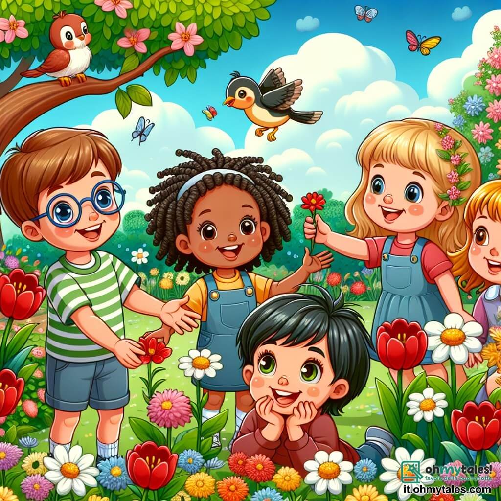 In un giardino in piena fioritura, cinque bambini si divertono insieme. Marco, un ragazzo di 7 anni con capelli castani e occhiali, indica un piccolo uccello posato su un ramo. Accanto a lui, Sara, una bambina di 6 anni con capelli biondi e ricci, sorride ascoltando il canto dell'uccello. Più in là, Rosa, una ragazza di 8 anni con trecce nere, ammira i fiori colorati che circondano il giardino. Luca, un ragazzo di 7 anni con capelli castani e occhi vivaci, osserva un'ape che raccoglie il nettare da un fiore. Infine, Tommaso, un bambino di 5 anni con capelli corti e castani, è seduto nella sua piccola macchina, circondato dai suoi amici che lo aiutano a vedere i fiori. Il giardino è pieno di fiori dai colori vivaci: tulipani rossi, margherite bianche e giunchiglie gialle, sotto un cielo azzurro chiaro punteggiato da alcune nuvole soffici. Un grande albero con foglie verdi lussureggianti offre ombra, mentre un dolce profumo di primavera aleggia nell'aria. I bambini ridono e si meravigliano insieme, celebrando la bellezza della primavera e la gioia dell'amicizia, pronti a condividere un delizioso picnic sotto il sole radioso.