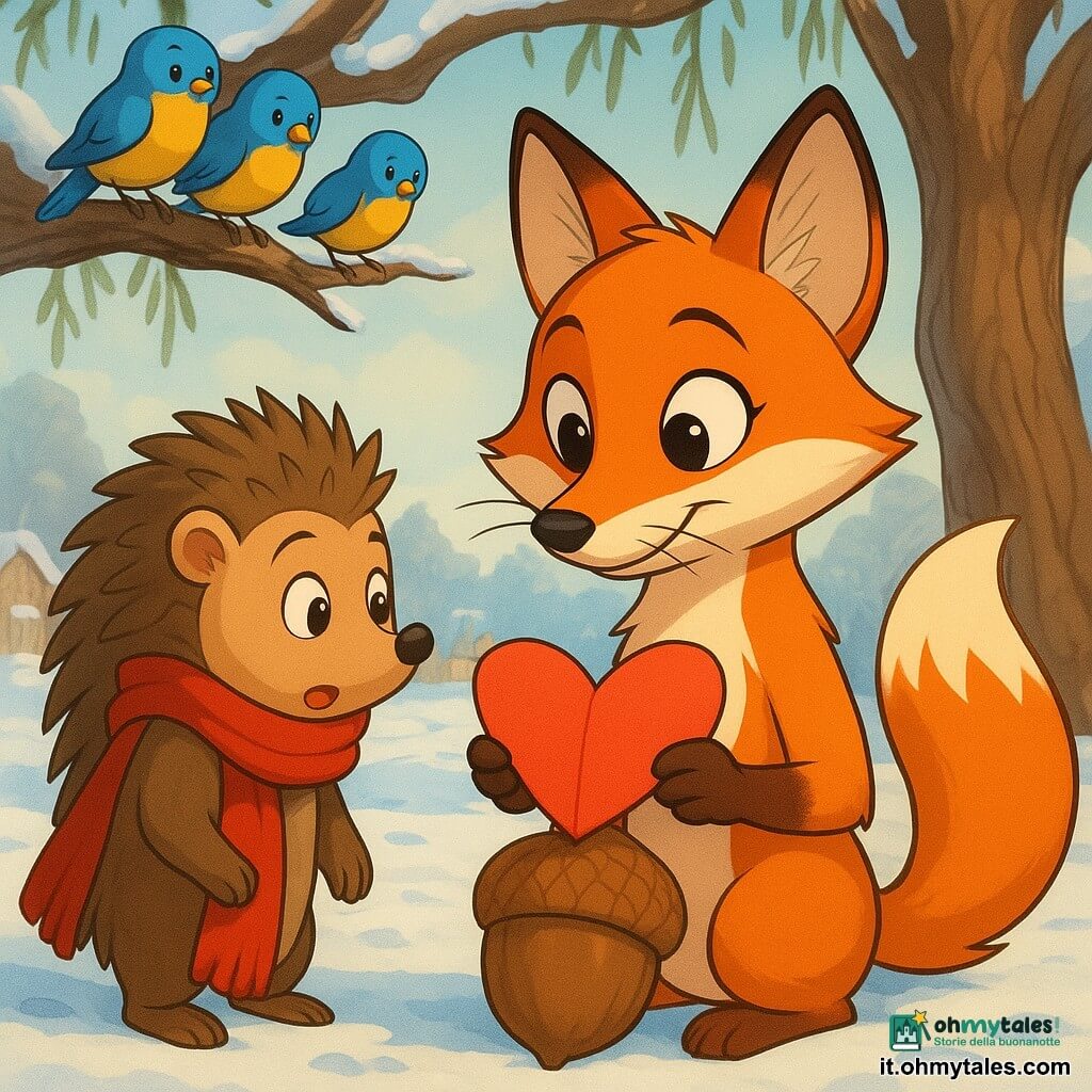 La protagonista è una volpe rossa di nome Lilla, baffi delicati, pelo arancio e bianco lucente, occhi grandi e curiosi, sorriso malizioso ma dolce; tiene una lettera di San Valentino piegata a cuore su una grande ghianda e inclina la testa in posa da detective. Personaggio secondario: un riccio di nome Pino, aculei castano chiaro, sciarpa rossa troppo lunga avvolta intorno a lui, espressione sorpresa e amichevole; sta a sinistra di Lilla chinandosi per leggere. Alcuni uccellini blu e gialli sono appollaiati sui rami bassi di un vecchio salice che si trova a destra. Ambientazione: una radura innevata con neve croccante e impronte, una fontana di pietra sullo sfondo e casette di legno sfocate in lontananza. Situazione: momento dolce e divertente della scoperta della lettera a forma di cuore, atmosfera calda nonostante la neve, luce morbida di tarda mattinata, colori vivaci e composizione centrata su Lilla e la lettera.