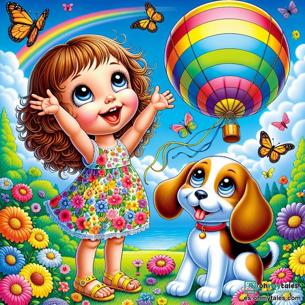 Una niña de 4 años, llamada Sofía, con grandes ojos brillantes y cabello rizado castaño, está de pie en un jardín colorido, con los brazos levantados y una gran sonrisa en el rostro, llena de emoción y esperanza. Lleva un vestido de flores y sandalias amarillas, y mira un enorme globo de helio de colores que flota alto en el cielo. A su lado, su perrito Toby, un adorable beagle de orejas grandes, corre alegremente ladrando, moviendo la cola con entusiasmo. El jardín está lleno de flores brillantes y coloridas, con mariposas volando alrededor. Al fondo, se ve un gran cielo azul con algunas nubes blancas y un arcoíris brillante que añade un toque mágico a la escena. Sofía, decidida, intenta atrapar el globo que se eleva, de puntillas, esperando que su arcoíris atraiga el globo hacia ella.