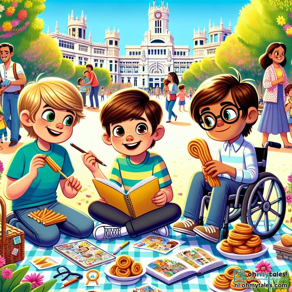 In een zonnig park in Madrid zitten drie kinderen op een picknickkleed. Max, een negenjarig jongetje met bruin haar en sprankelende ogen, zit in het midden met een schetsboek en een potlood, met een grote glimlach op zijn gezicht. Rechts van hem deelt Sam, een jongen met blond haar en een bril, enthousiast churros, met stralende ogen van blijdschap. Links van Max kijkt Tom, een jongen met kastanjebruin haar in een rolstoel, aandachtig naar de souvenirs voor hen, met een bedachtzame en creatieve blik.

Het park is gevuld met kleurrijke bloemen, groene bomen en gezinnen die wandelen, terwijl een helderblauwe lucht boven hen uitstrekt. Op de achtergrond zijn typische gebouwen van Madrid met bloembalkons te zien.

De belangrijkste situatie toont de kinderen die hun reisherinneringen delen, omringd door hun vondsten, zoals kleurrijke souvenirs en foto's, terwijl ze lachen en praten over hun avonturen.