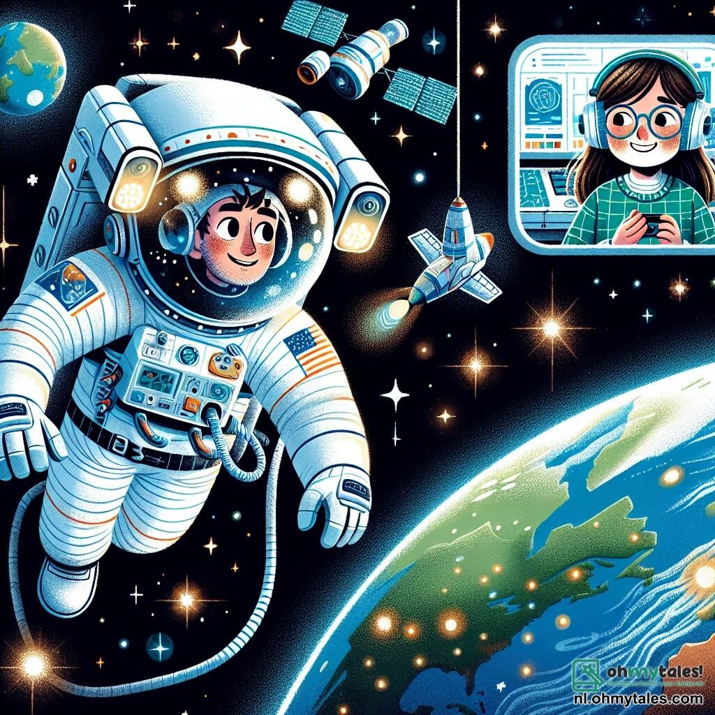 Een mannelijke astronaut, genaamd Joris, zweeft in de ruimte, gekleed in een indrukwekkend wit ruimtepak met blauwe accenten. Zijn gezicht is zichtbaar door zijn helm, met een verwonderde glimlach en nieuwsgierige ogen terwijl hij de schoonheid van de fonkelende sterren om hem heen observeert. In de buurt verschijnt een 12-jarig meisje, Lotte, op een communicatiescherm, met lange bruine haren en ronde bril. Ze heeft een glimlachend gezicht en opgewonden ogen, terwijl ze een klein raketmodel in haar handen houdt en Joris bewonderend aankijkt. De achtergrond is een uitgestrekte zwarte ruimte vol met heldere sterren, met de blauwe en groene aarde op de achtergrond, zichtbaar als een prachtige gekleurde bol. Het ruimteschip Orion is silhouet zichtbaar, met zijn zonnepanelen uitgeklapt, wat een futuristisch tintje aan de scène geeft. De hoofdactie toont Joris die een ruimtewandeling maakt en een mysterieus voorwerp naast het schip observeert, terwijl Lotte op het scherm hem aanmoedigt en haar enthousiasme voor de ruimteverkenning deelt.