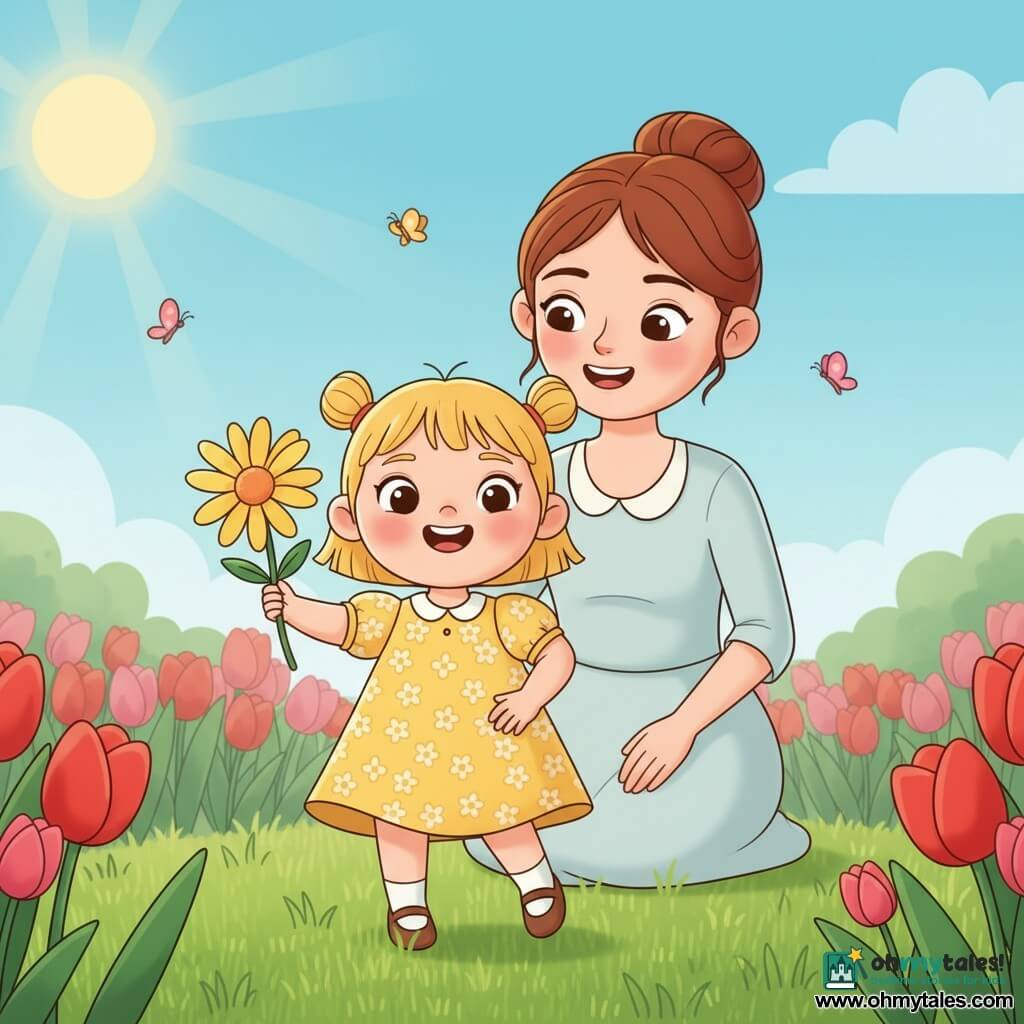 A joyful 2-year-old girl with short blonde pigtails, blue eyes and rosy cheeks in a yellow floral dress holds a large yellow flower while dancing on fresh green grass as her smiling, gentle mother (about 30) with chestnut hair in a bun and a pastel dress stands close behind, tenderly watching in a bright spring garden of red and pink tulips, small colorful butterflies, a clear blue sky and warm sun—the girl picks and admires the flower under sunlight, joyful atmosphere, vivid colors, soft shadows and rounded shapes with crisp details.