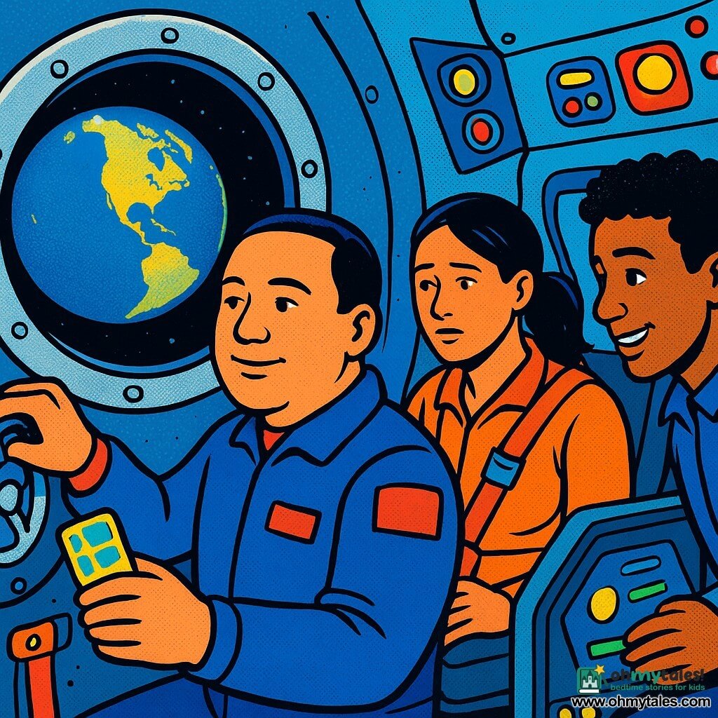 Commander Leon Park, around forty, round face and gentle eyes, calm determined expression with a slight smile, turns the large round hatch handle with one hand and holds a laminar control card in the other. Mina, about 30, hair in a ponytail, still slightly worried but calmer, sits strapped into the rescue vehicle seat with her hands on the belt buckle. Tariq, about 32, curly-haired, relieved and amused, checks a touchscreen dashboard beside the seat, head slightly tilted toward Leon. Interior of the spacecraft: compact cabin with smooth gray walls, colorful round buttons, chrome levers, orange straps and tool pockets, soft lighting with blue and yellow reflections; a large circular porthole shows Earth in the background with deep blue oceans and lit continental outlines. Main situation: preparing and closing the evacuation vehicle hatch after an exercise, precise calm gestures, tension turned into cooperation, dynamic composition focusing on hands, the handle and the porthole revealing the planet.