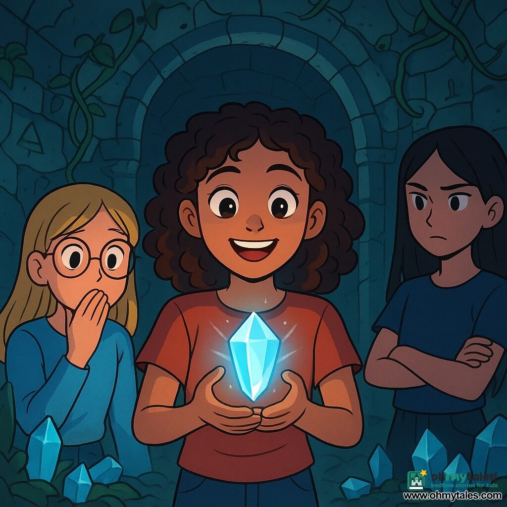A young girl, Bianca, about 12 years old with curly brown hair and sparkling curious eyes, stands in the center of an old room, holding a glowing crystal in her hands. Her face expresses wonder and excitement, with a bright smile illuminating her features. Next to her, Gia, an 11-year-old girl with blonde hair and round glasses, watches the crystal with wide eyes, her hand over her mouth as if holding her breath. Kara, a 12-year-old girl with straight black hair, stands slightly back with a serious expression and crossed arms, as if sensing a mysterious presence in the air. 

The setting is an underground room with stone walls covered in green vines and ancient symbols, bathed in bluish light emanating from the crystal. Various-sized crystals sparkle around them, creating a magical and intriguing atmosphere. 

The main scene shows Bianca, Gia, and Kara discovering the mysterious crystal as a slight earthquake shakes the walls, and a distant rumbling sound indicates that intruders are approaching.