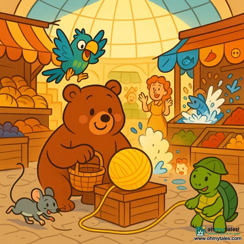 Bramble, a large, soft, round brown bear, smiling and calm with round eyes and rosy cheeks, gently holds a basket and places a big yellow ball of twine on a crate at the center in a generous pose; Mina, a tiny gray mouse, lively and mischievous, runs dragging the end of the twine among market crates to Bramble’s left with an amused look; Pip, a green-blue parrot with a large beak, excited and noisy, perches on a beam above Bramble with wings half-open as if applauding; Tilly, a dark-green-shelled turtle, calm and composed, wearing a leaf hat, holds the other end of the twine in front of a flower stall with a tranquil gaze; the covered market has a large domed glass roof with warm light rays, colorful stalls of bread, fish, spices and buttons, wooden crates, garlands and a cobbled floor with traces of flour; main scene: the large yellow ball of twine rolls gently between stalls creating joyful chaos—clouds of flour, splashing fish, surprised but smiling people—an animated, colorful, playful composition centered on the twine and friends trying to stop it together, in bright colors, soft outlines, simple textures, exaggerated comforting expressions and a warm, comic atmosphere.