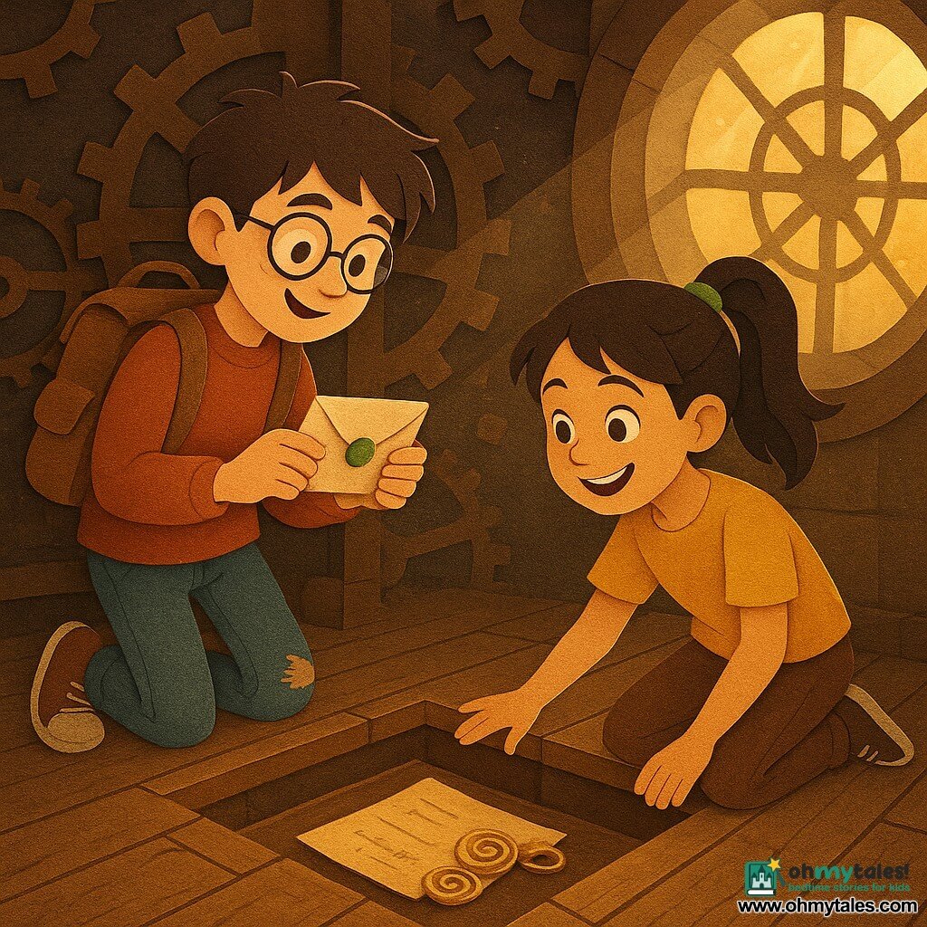A 12-year-old boy, Milo, round-faced with flour on his nose, messy brown hair, thin glasses and a proud, awed expression, holding a small sealed envelope with a green wax seal he just opened, wearing a worn backpack and scuffed sneakers at his feet; beside him a girl, Lina, about 12, black hair in a ponytail, bright-eyed smiling, kneeling with a hand reaching toward an open chest in an enthusiastic, protective pose; inside an old clock tower with hollow wooden floors, rusted metal gears and frozen giant cogs, dust visible in a golden ray through a cracked round window; a square floor panel has opened to reveal a cavity containing an inked-edged letter and two shiny spiral pendants; layered cut-paper composition with cardboard textures, warm colors (gold, pale orange, browns) with green accents, sharp shadows and cut-out contours, conveying a kind, mysterious adventure atmosphere.